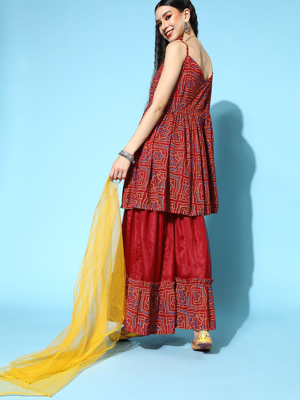 InWeave Women's Maroon Bandhani Net Sharara Set With Dupatta