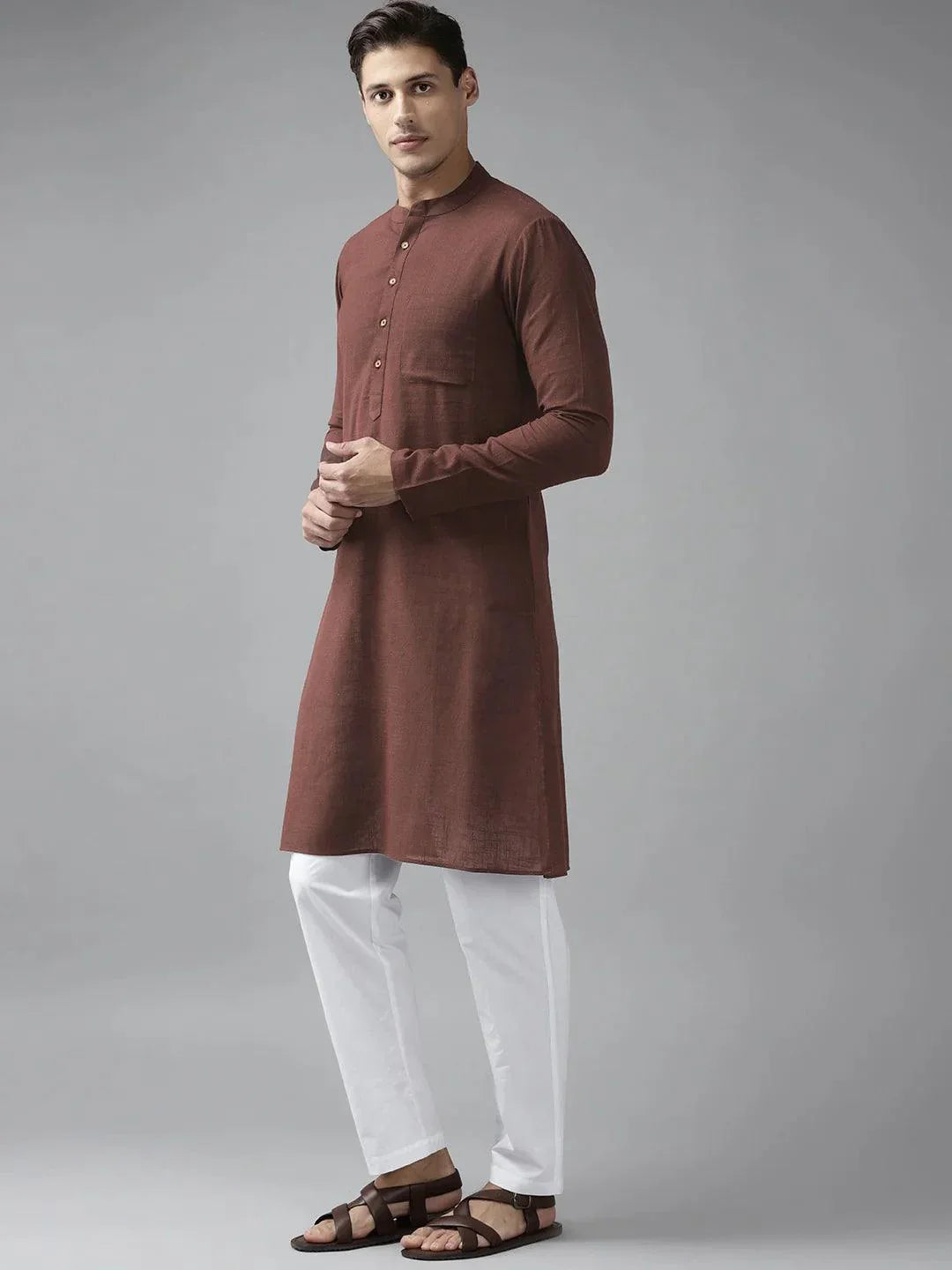 Fabmade Men Brown Cotton Linen Kurta Pyjama
