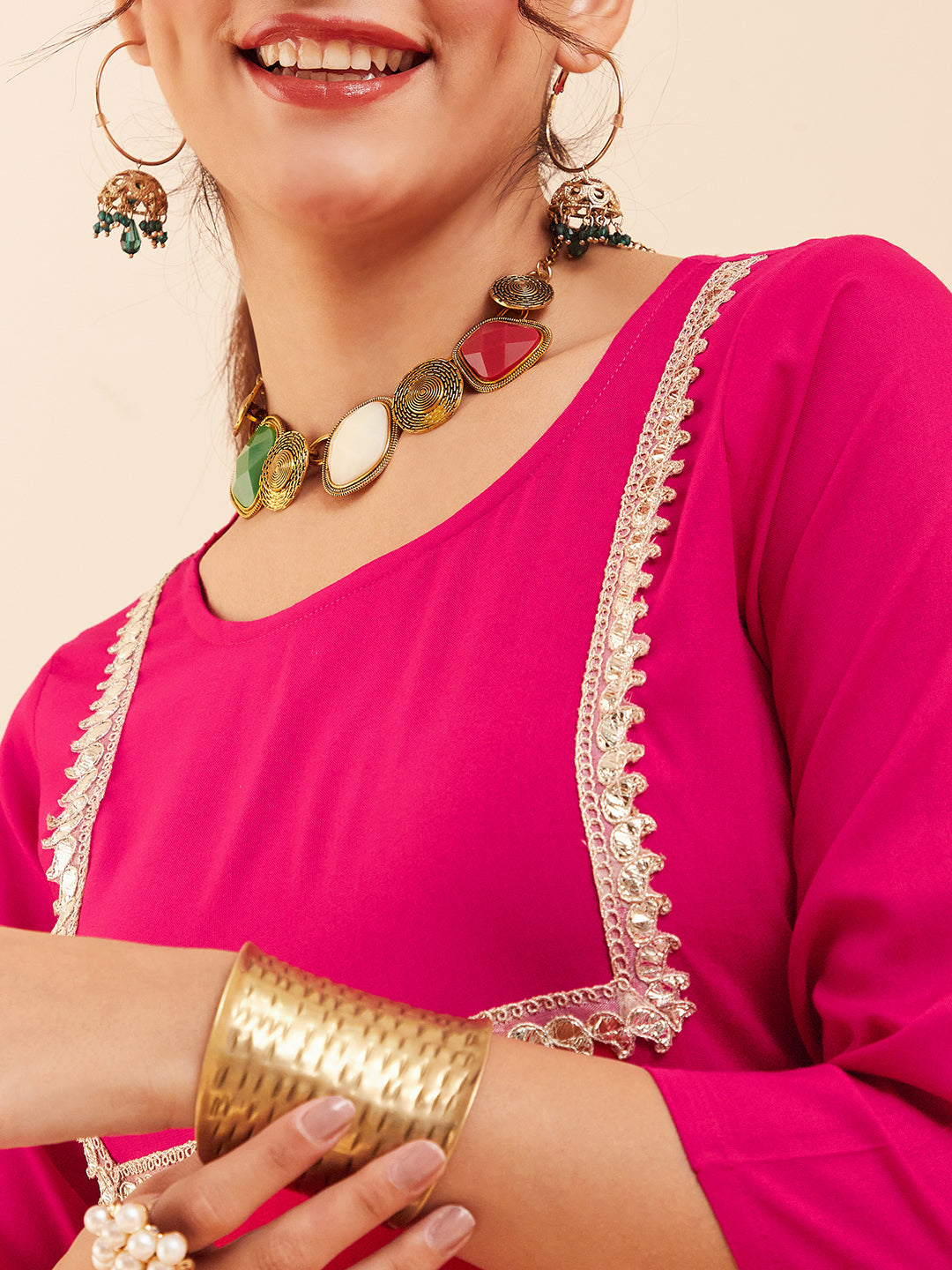 InWeave Women's Fuchsia Round Neck Square Gota Work Kurta Pant Set
