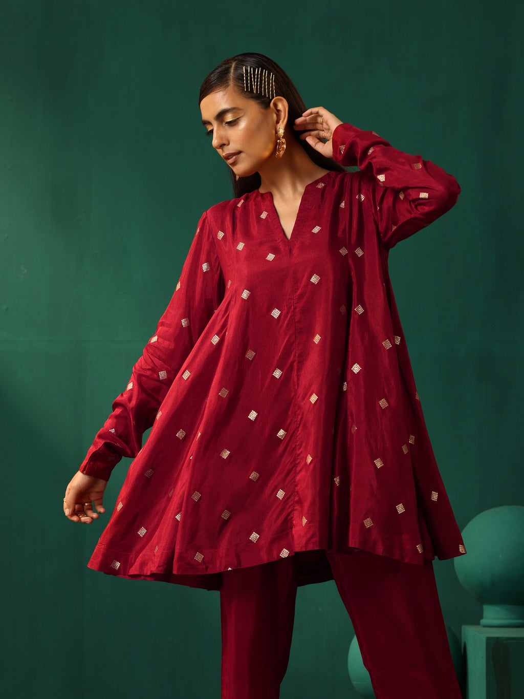 trueBrowns Maroon Diamond Viscose Silk Relaxed Co-ord Set