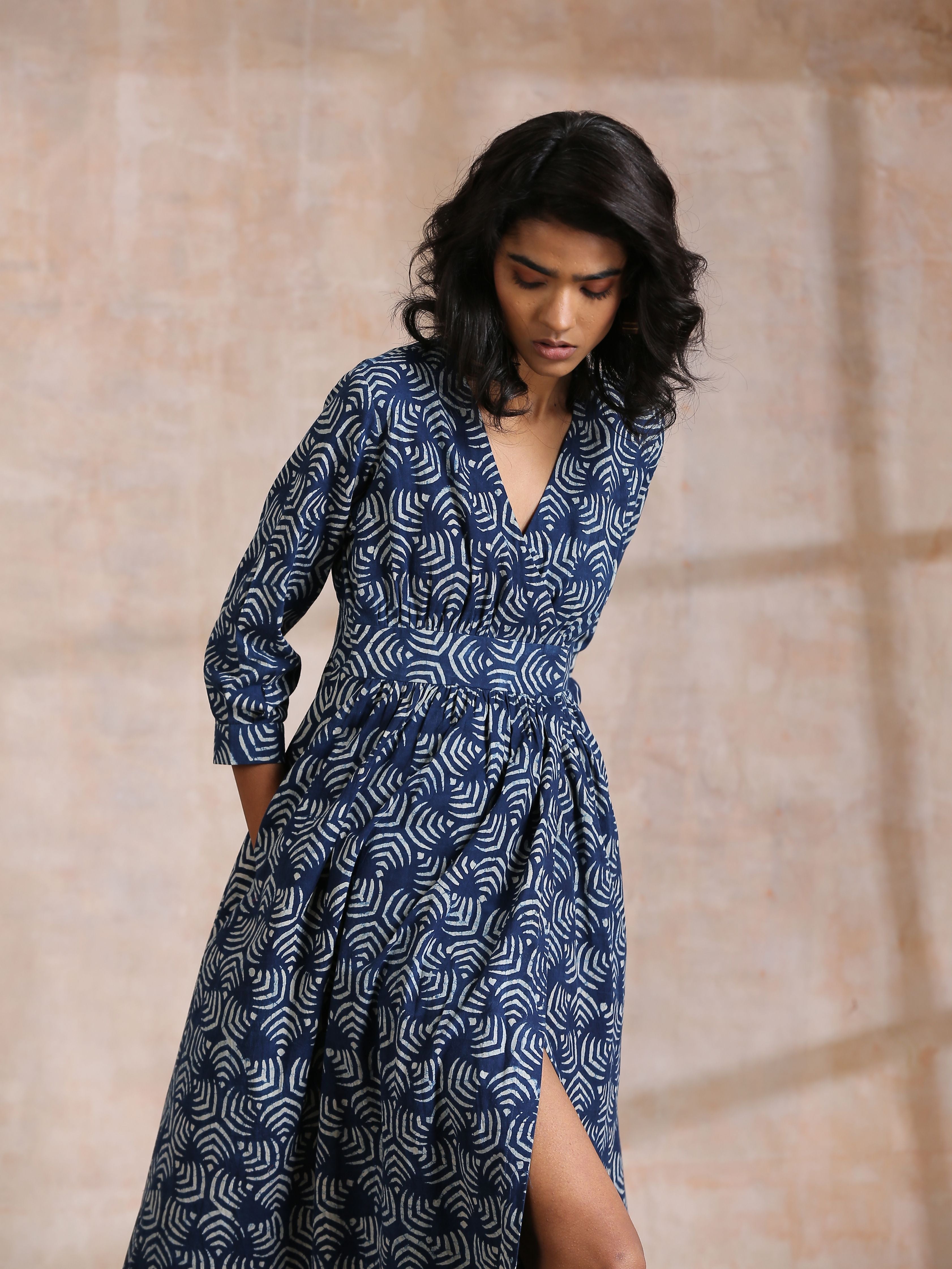 trueBrowns Indigo Dabu Overall Print Cotton Wrap Dress