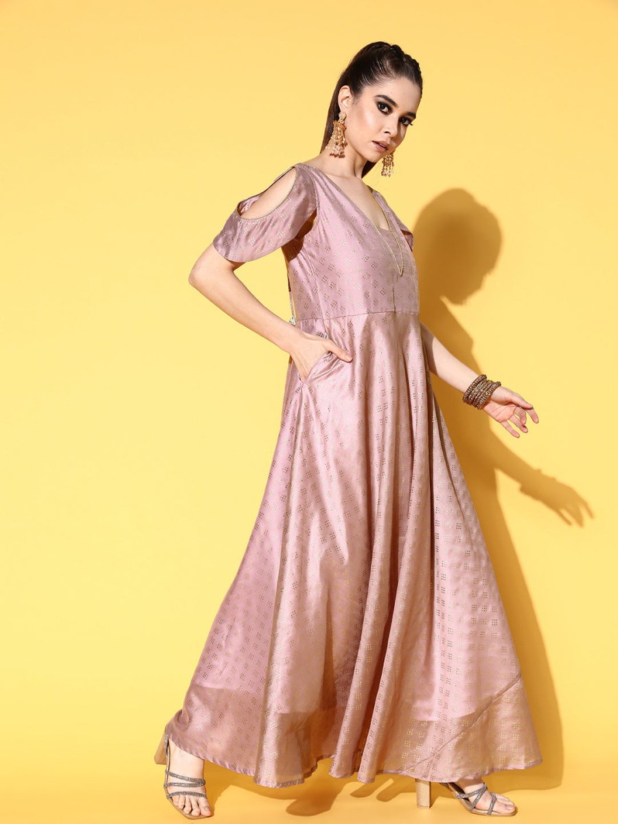 Ahalyaa Chanderi Cold-Shoulders Printed Maxi Ethnic Dress