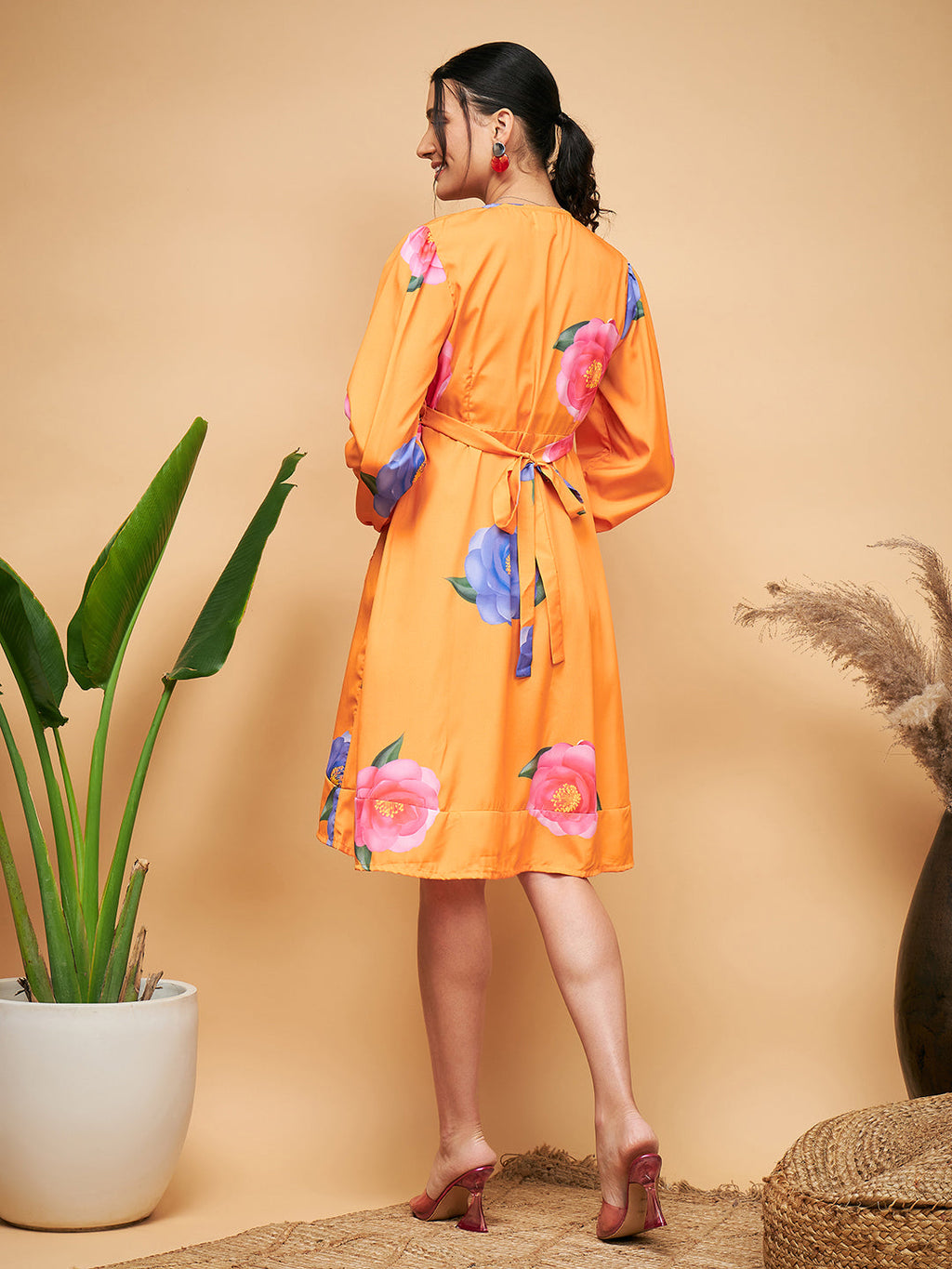 InWeave Women's Haldi Yellow Pink Mauve Flower Belted Dress