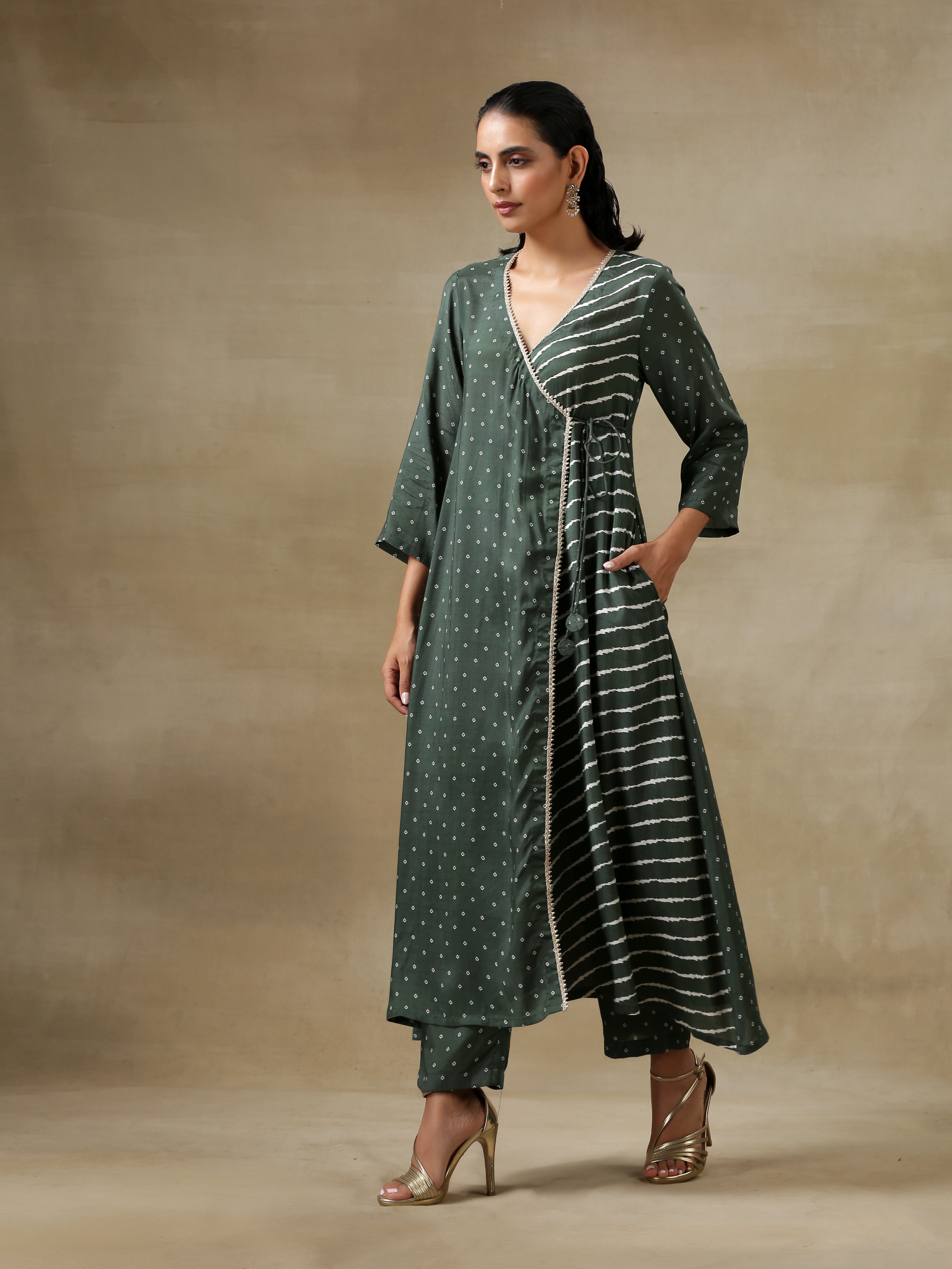 trueBrowns Dark Green Bandhani Printed Silk Angrakha Kurta Pant Set