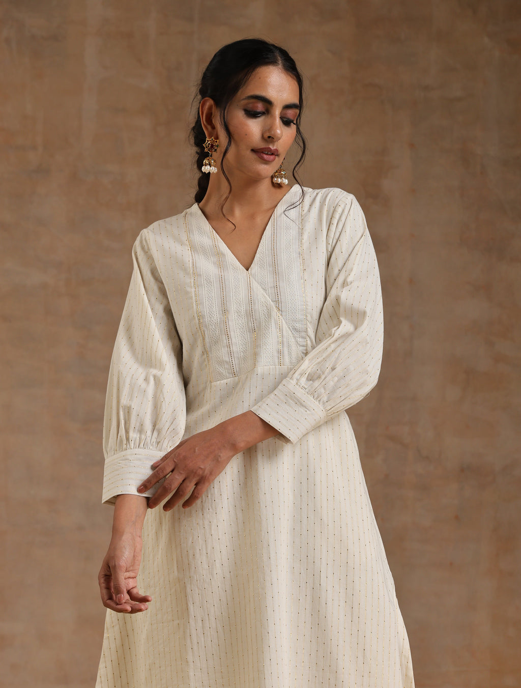 trueBrowns Ivory Gold Cotton Overlap Yoke Kurta Set