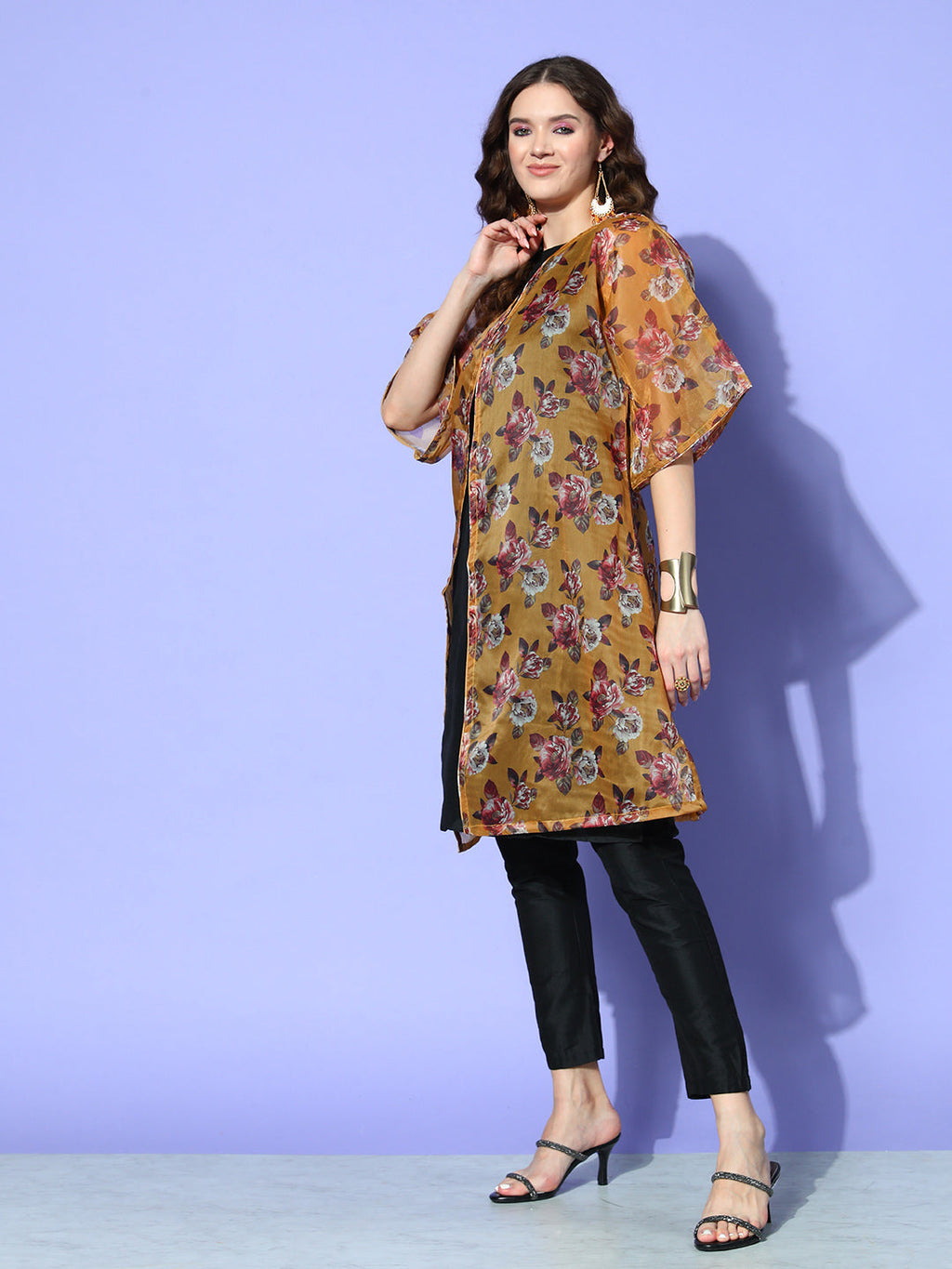 InWeave Women's Camel Brown White Rose Chintz Organza Cape
