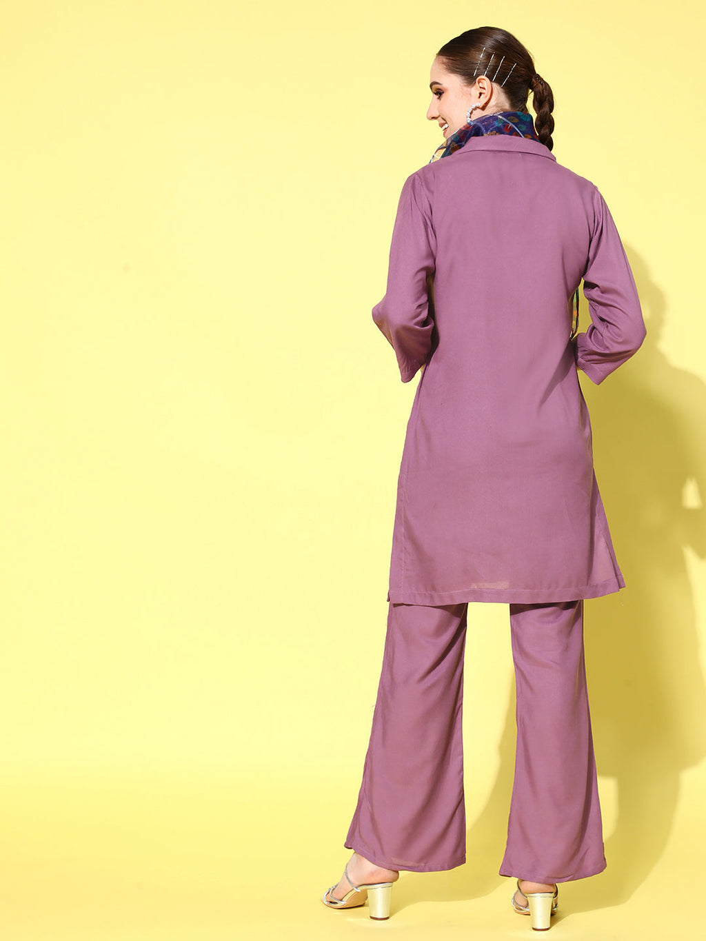 InWeave Women's Mauve Coord Set With Indigo Kalamkari Scarf