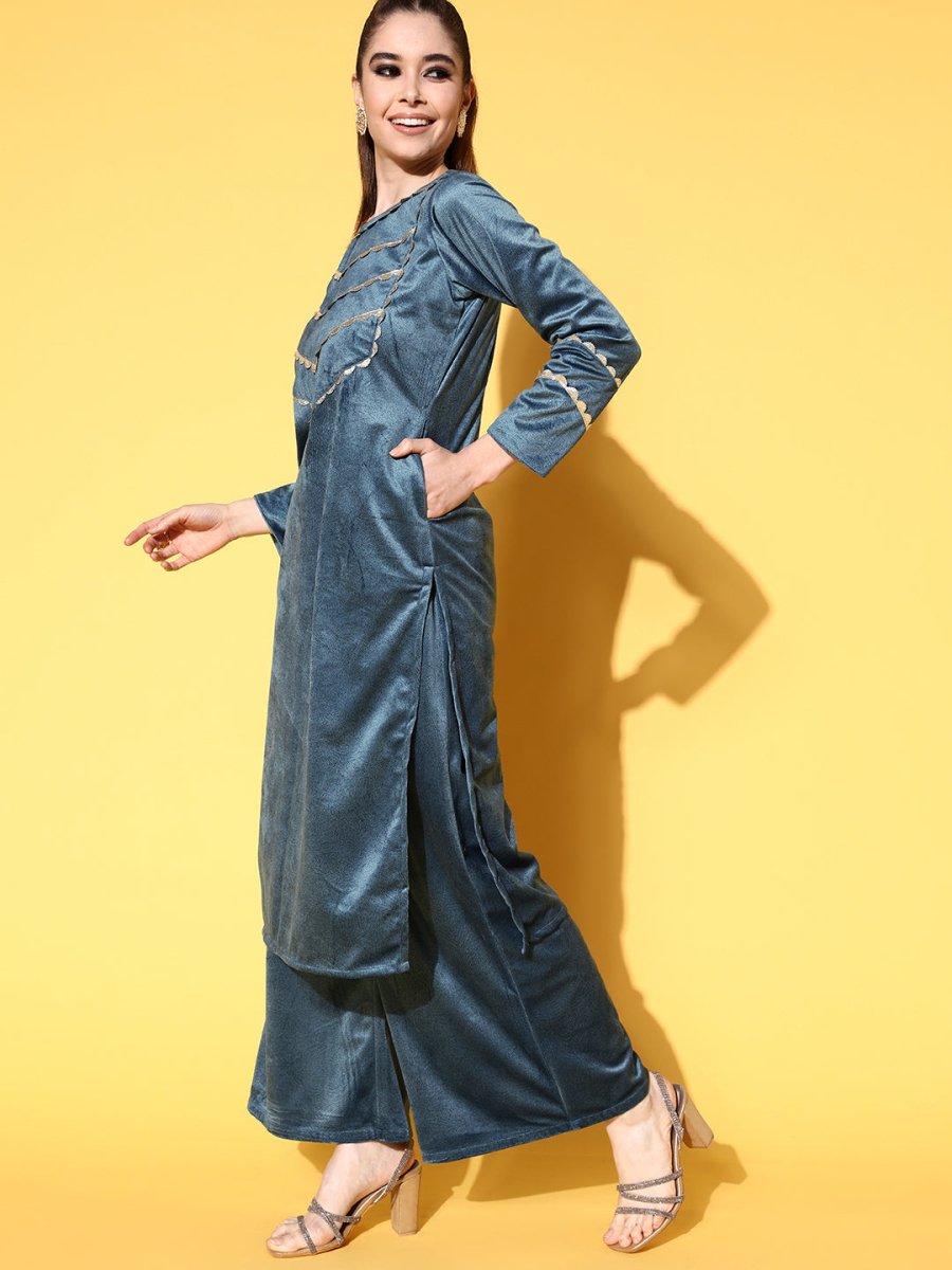 Ahalyaa Women Gotta Patti Velvet Kurta with Palazzos & With Dupatta