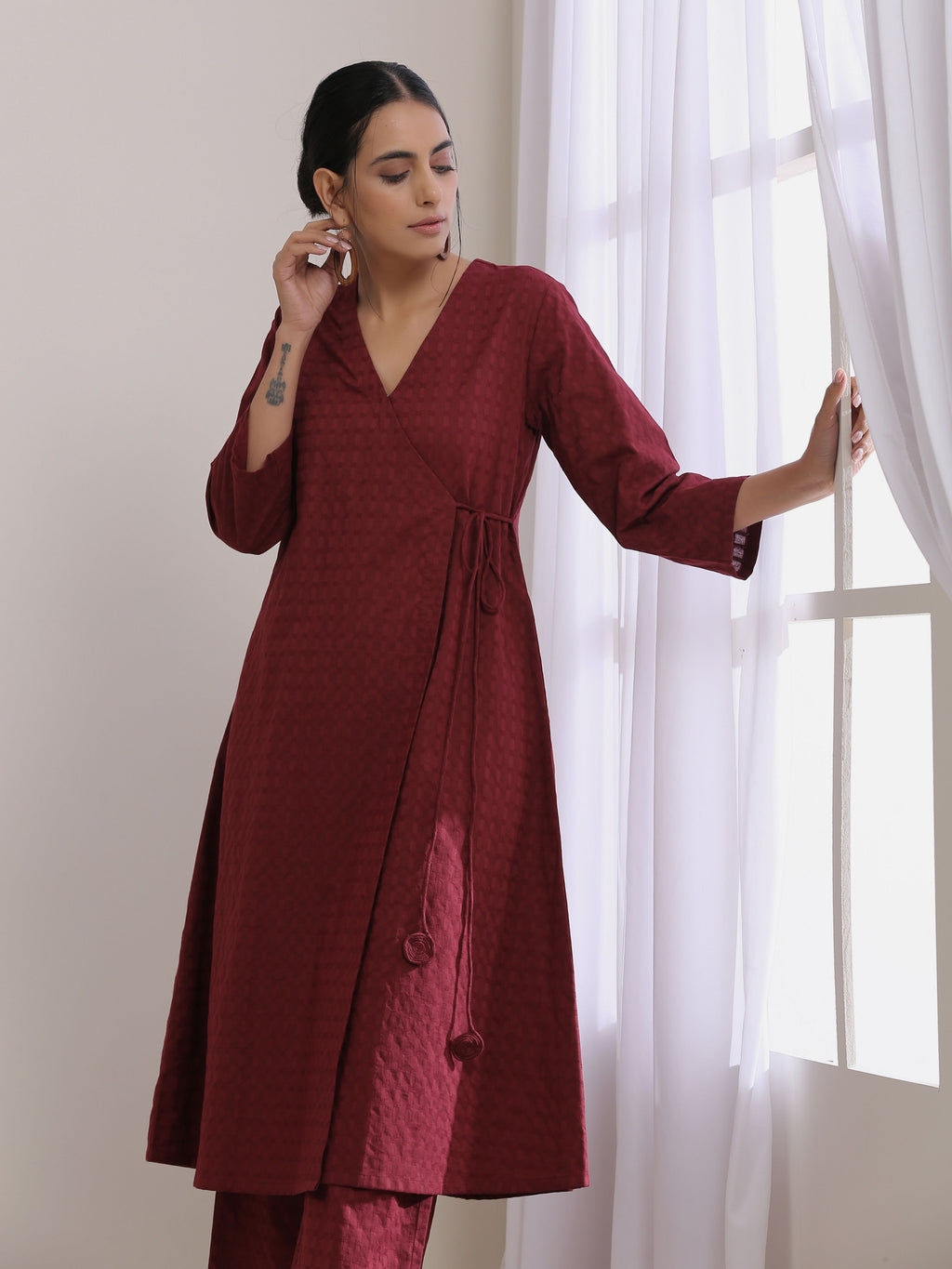 trueBrowns Ruby Wine Dobby Angrakha Pant Set