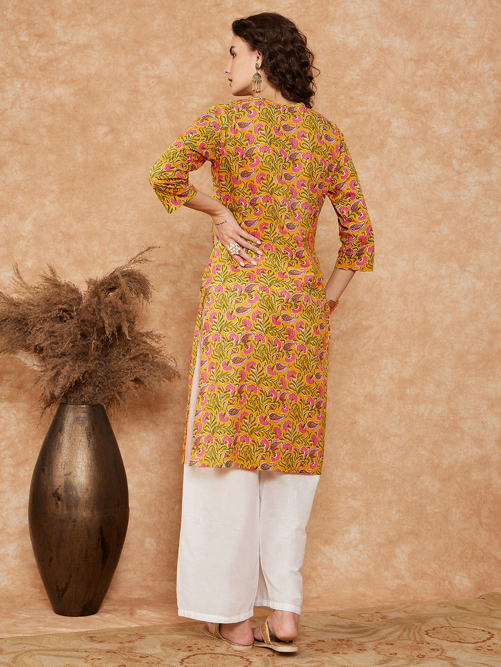 InWeave Women's Mustard Green Lace Gota Work Straight Kurta