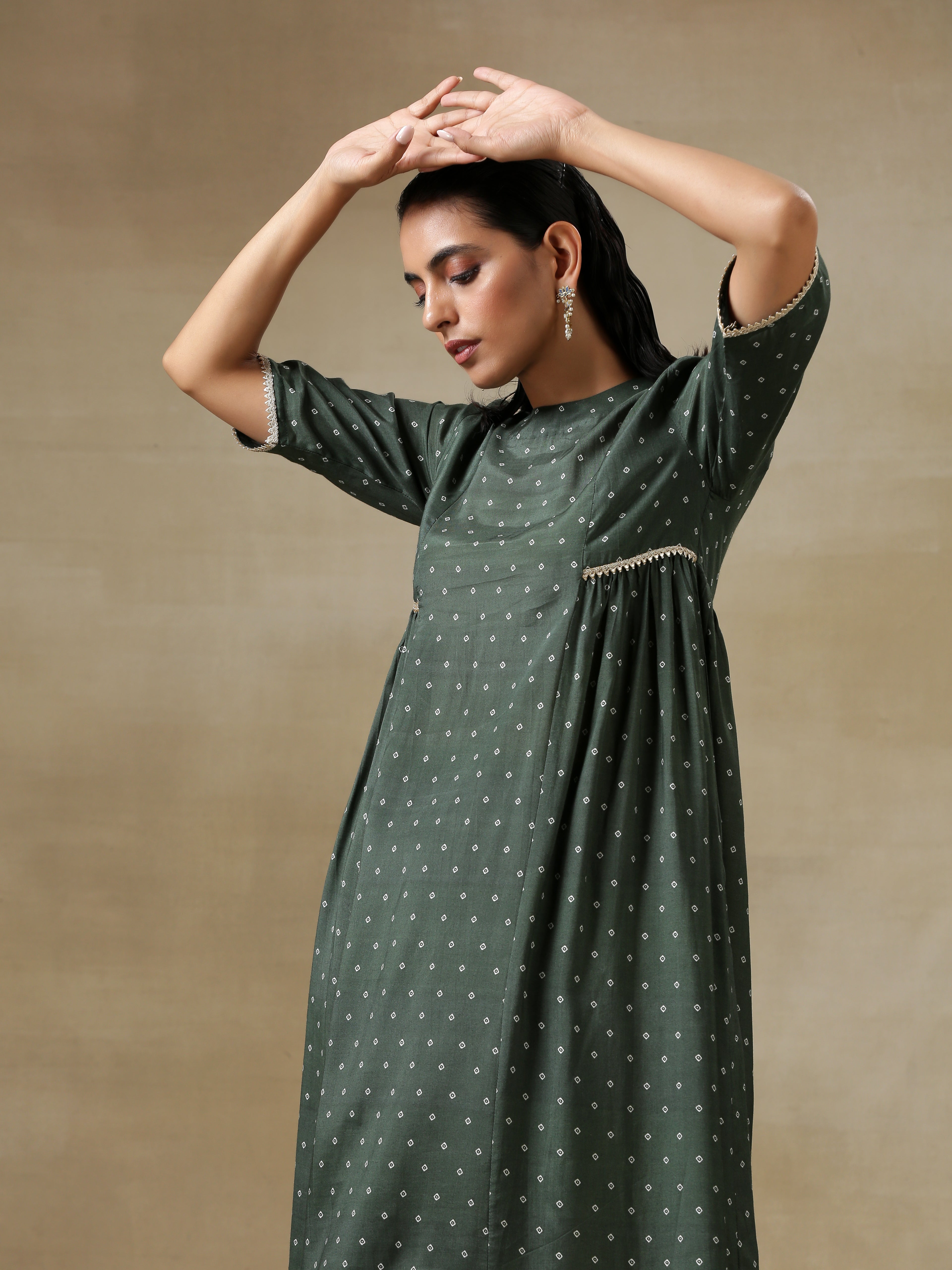 trueBrowns Dark Green Bandhani Printed Silk Side Gathered Kurta Pant Set