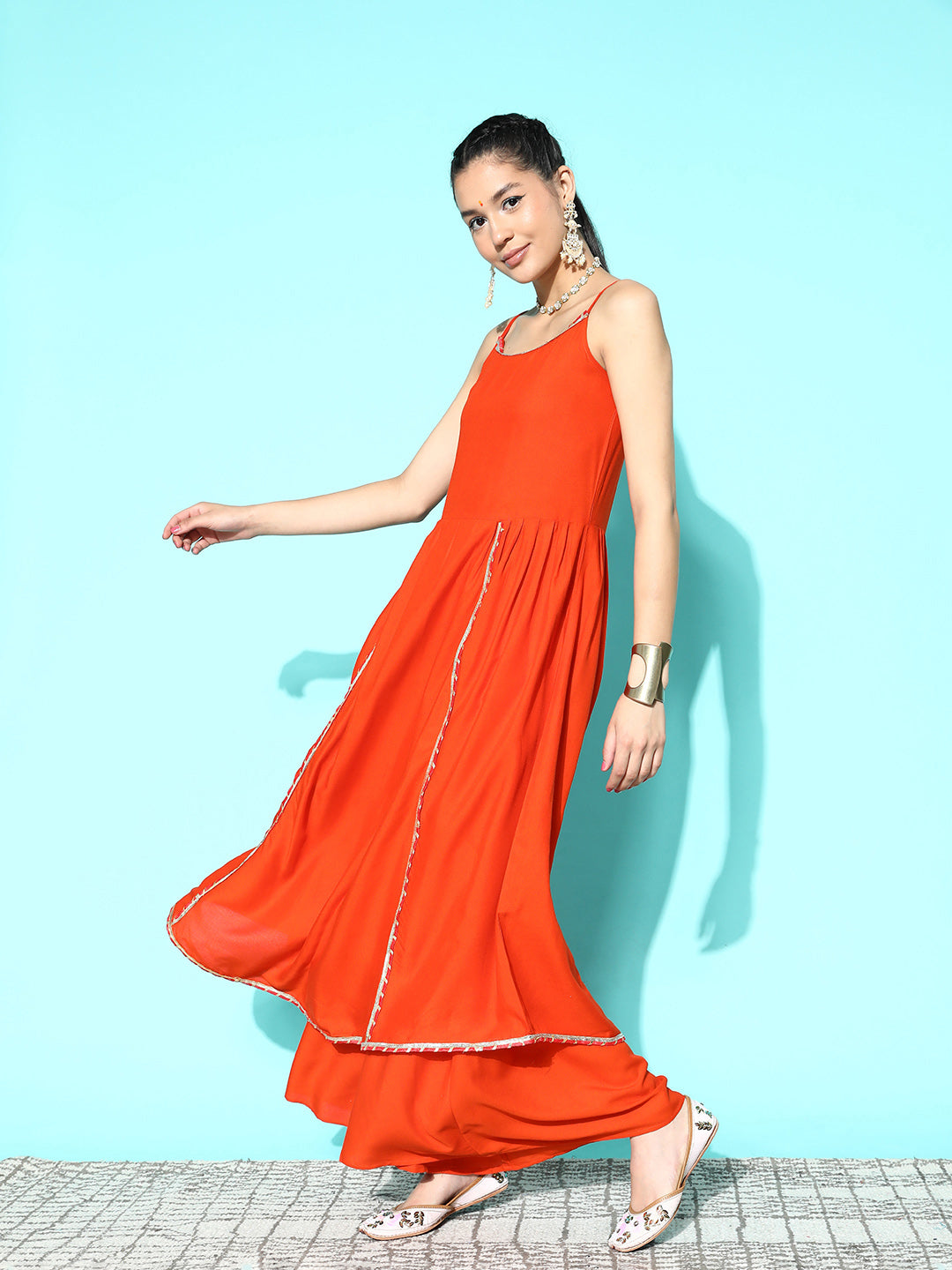 InWeave Women's Orange Red Gota Strappy Set With Orange Leh Dupatta