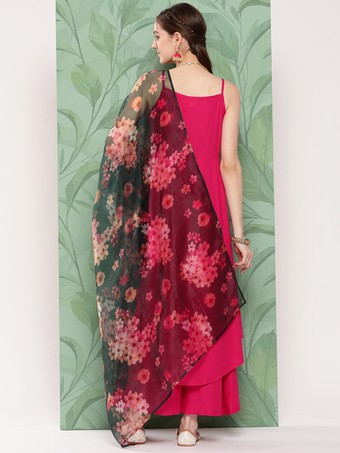 InWeave Women's Fuchsia Strappy Set W Dark Green Camelia Or Dupatta