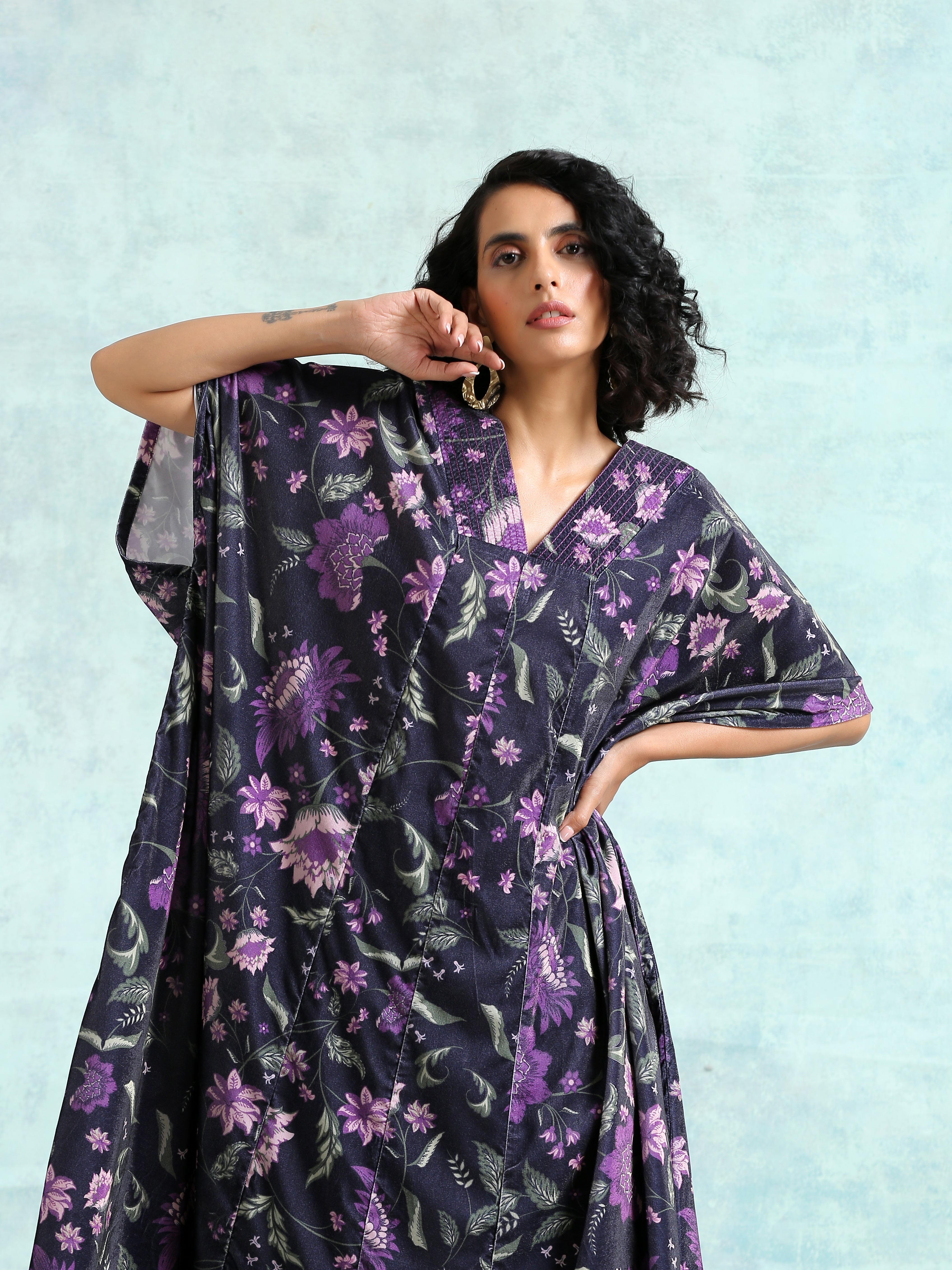 trueBrowns Black Printed Velvet Kaftan Kurta