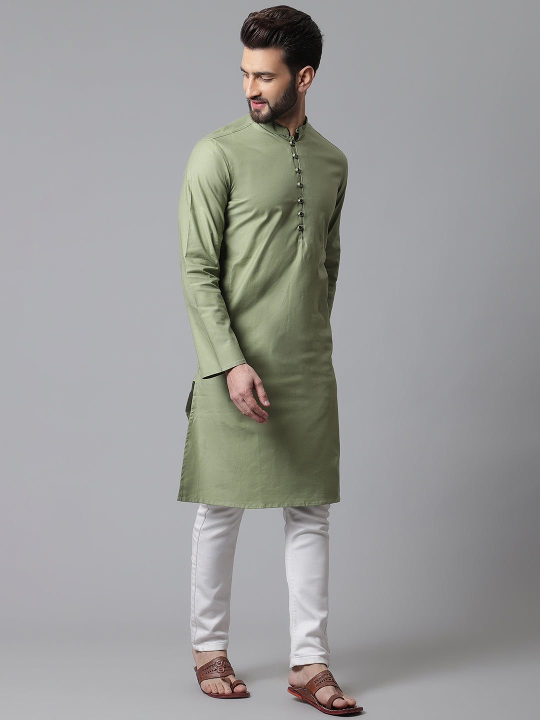 Even Apparels Green Pure Cotton Kurta With Band Collar