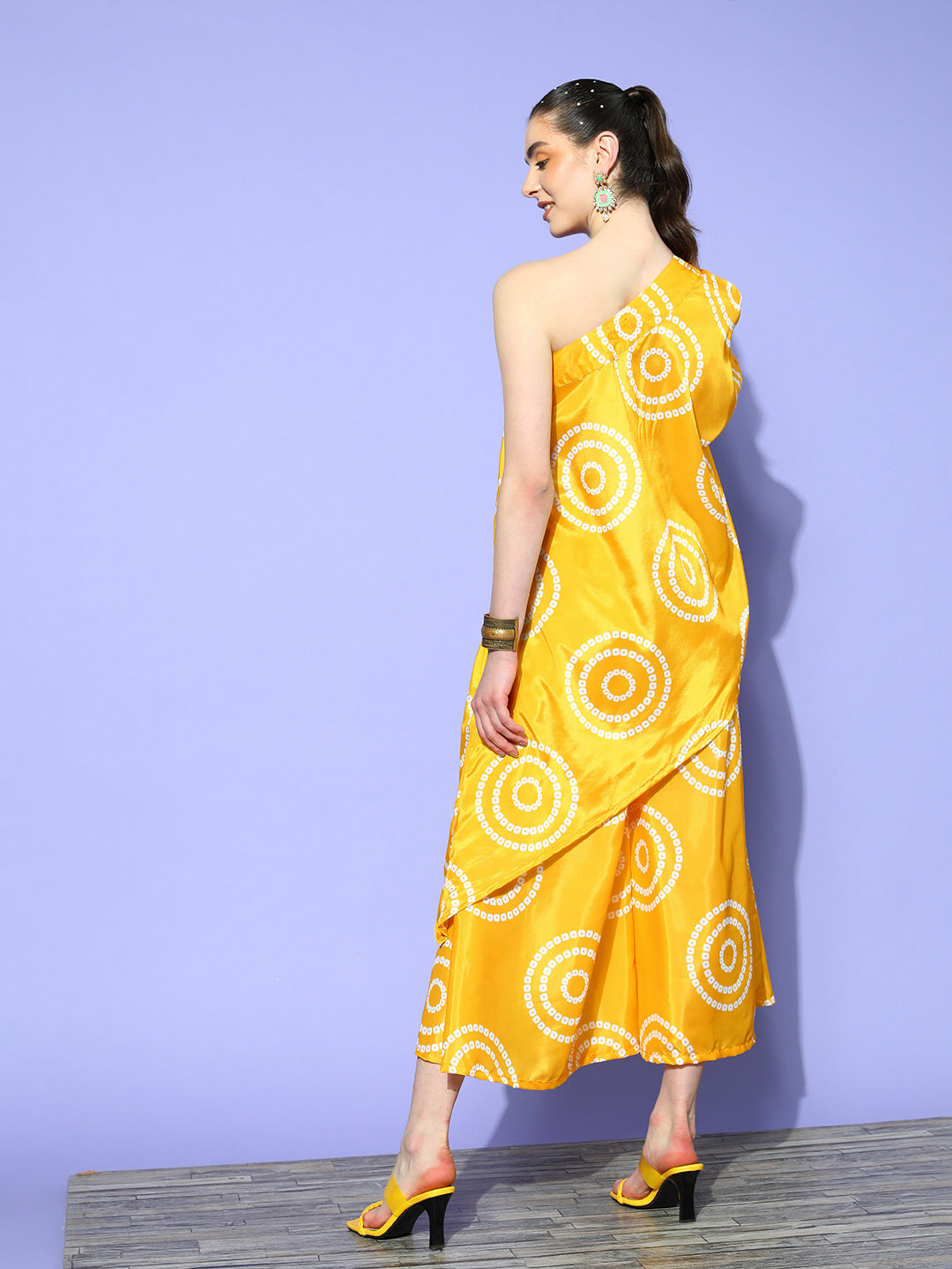 InWeave Women's Yellow Bandhani Motif One Shoulder Palazzo Set