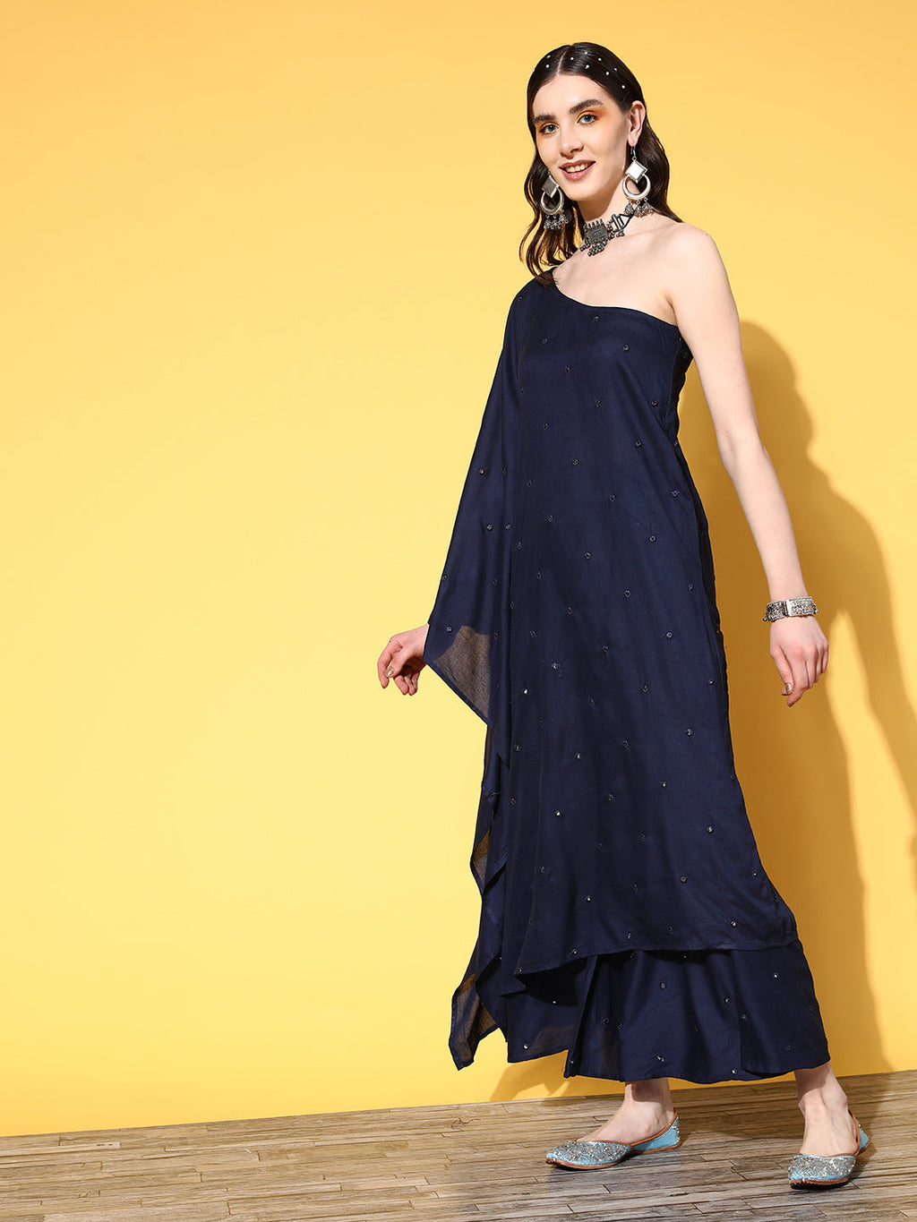 InWeave Women's Navy Mirror Work One Shoulder Kurta Set With Dupatta