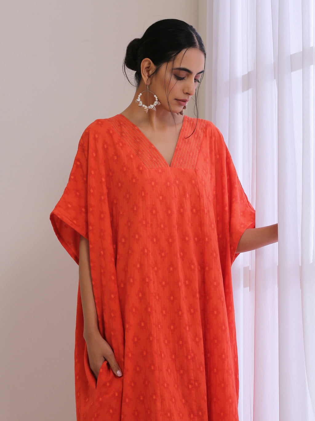 trueBrowns Orange Dobby Panel Kaftan Dress