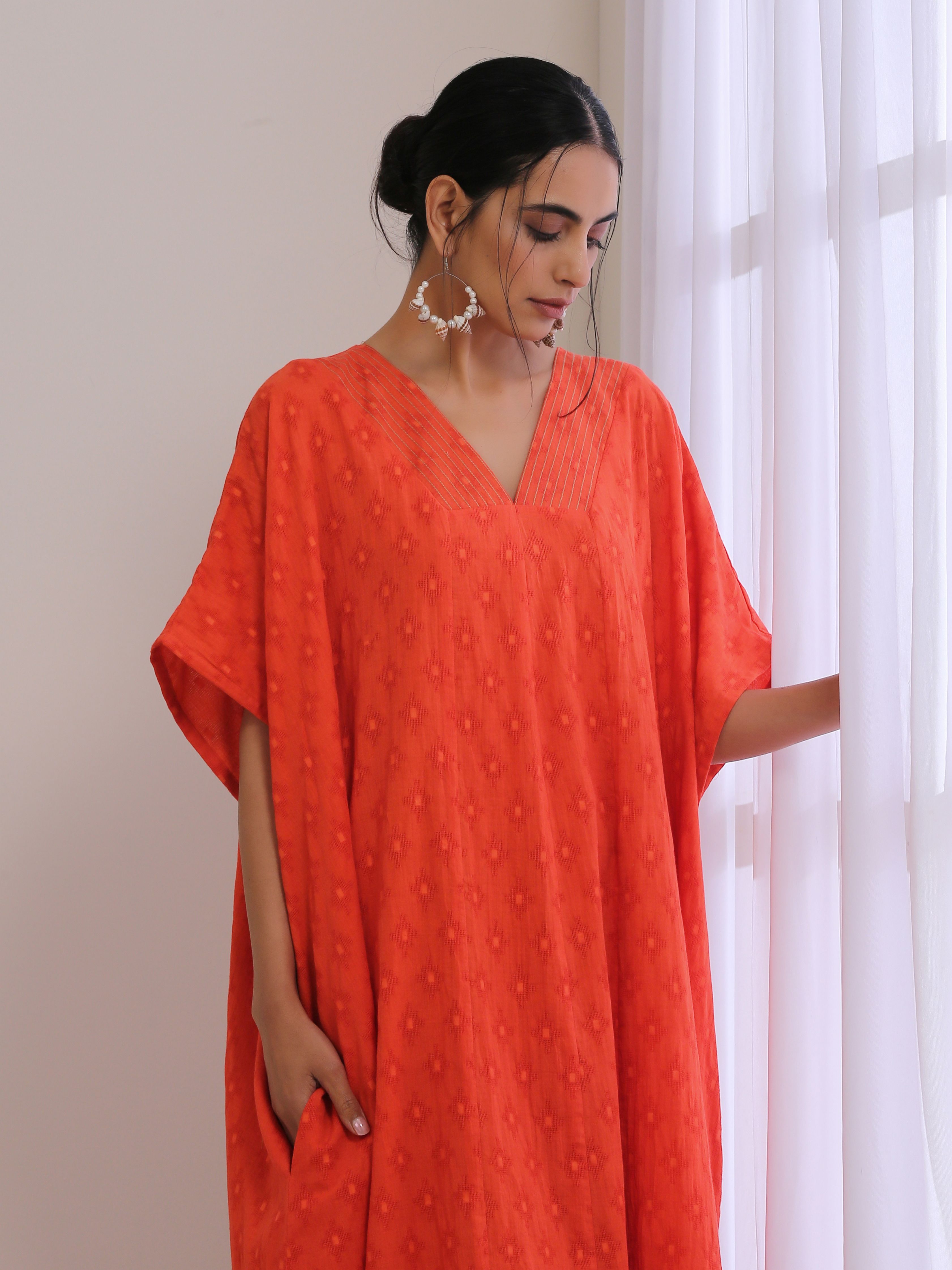 trueBrowns Orange Dobby Panel Kaftan Dress