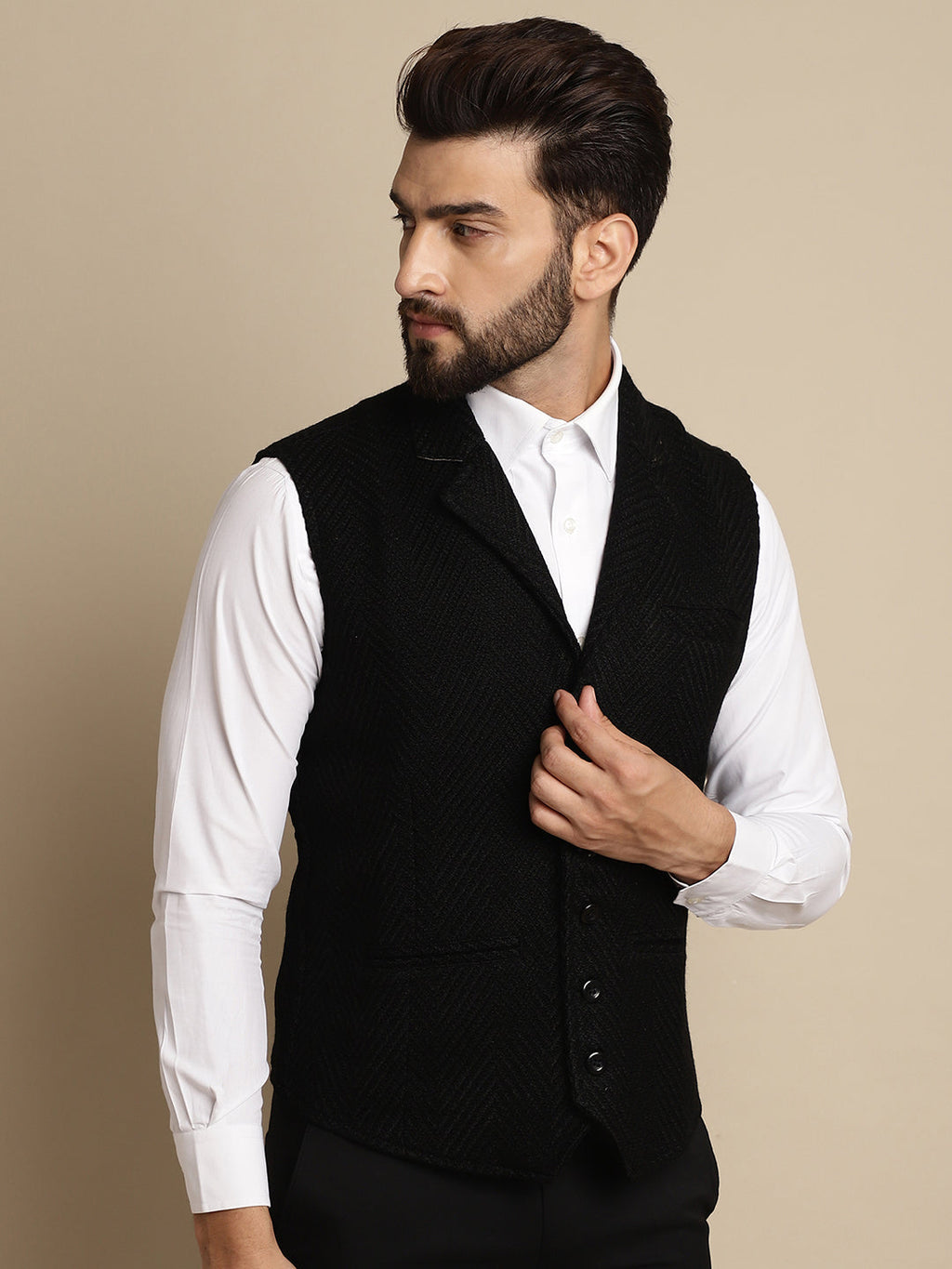 Even Apparels Men's Black Wool Waistcoat with Notched Lapel