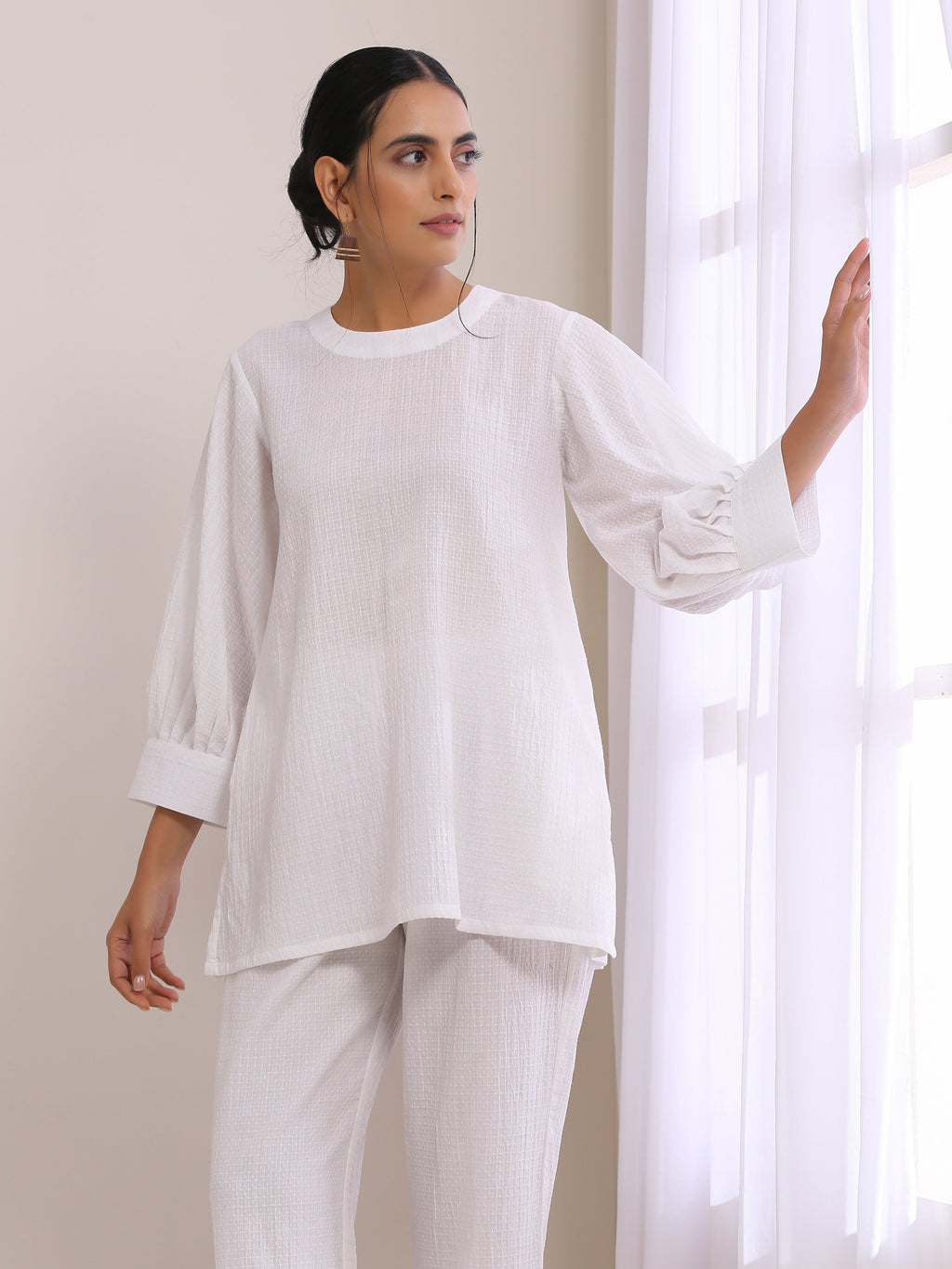 trueBrowns White Dobby Baggy Sleeve Co-Ord Set
