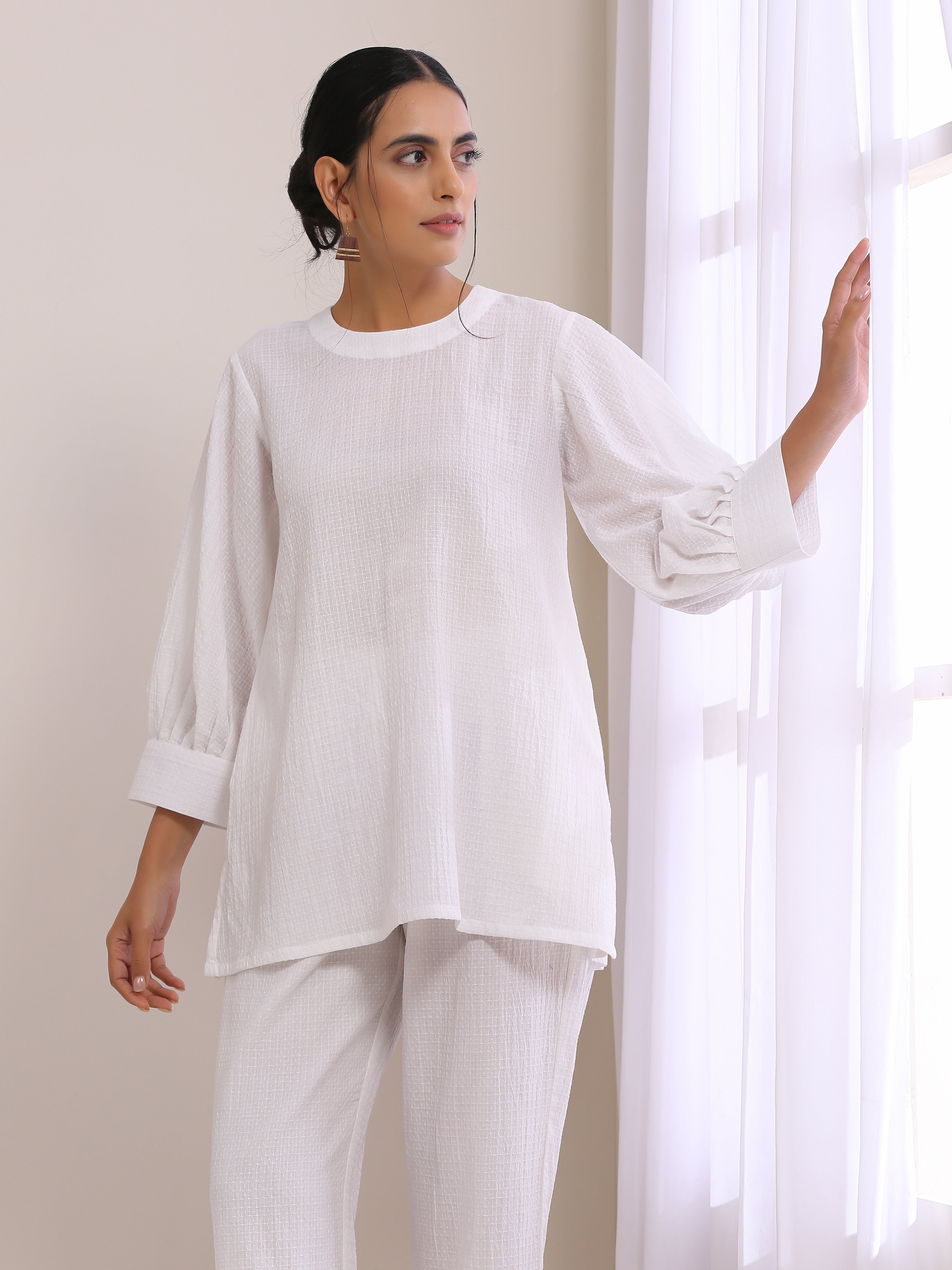 trueBrowns White Dobby Baggy Sleeve Co-Ord Set