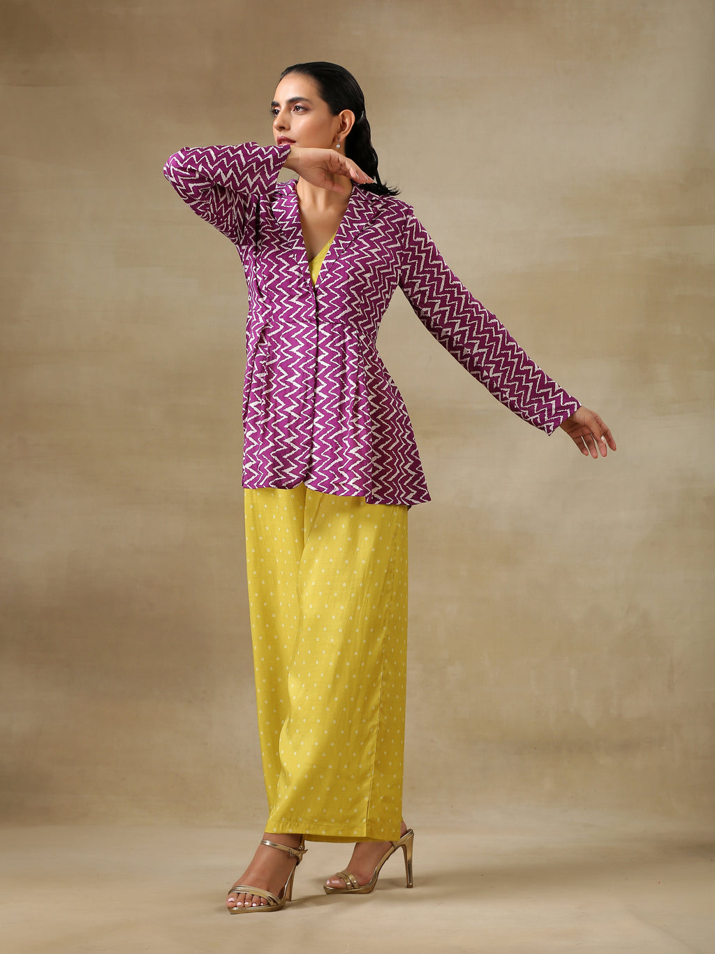 trueBrowns Lime Green Bandhani Printed Silk Top Pant with Purple Printed Jacket Set