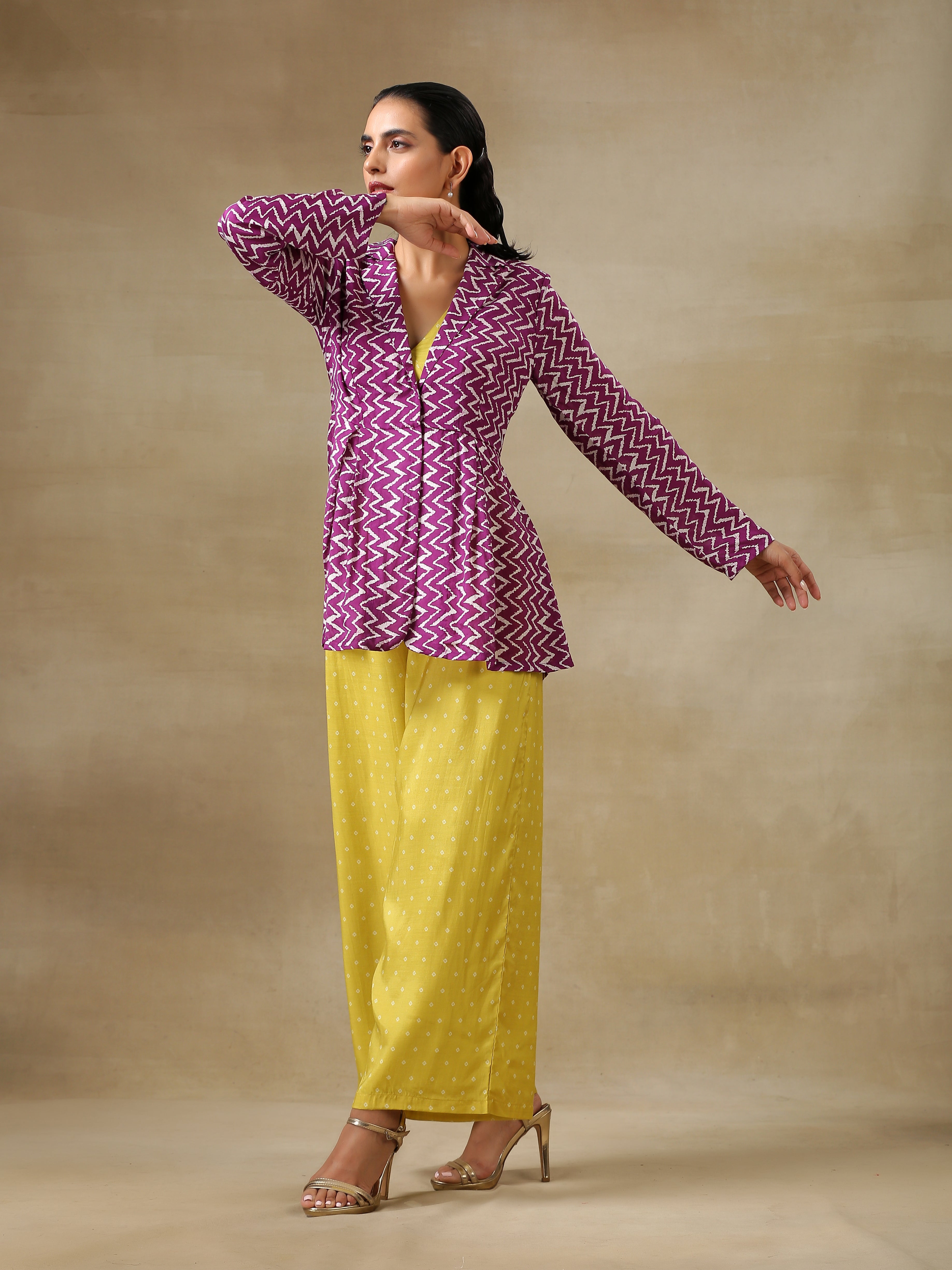 trueBrowns Lime Green Bandhani Printed Silk Top Pant with Purple Printed Jacket Set
