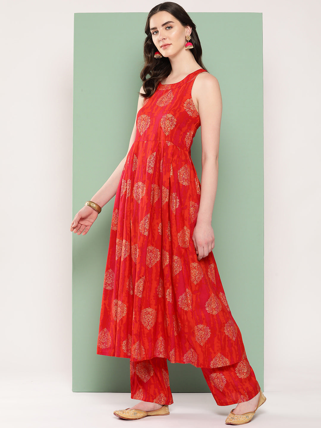 InWeave Women's Rust Mughal Print Raisa Back Detial Long Coords Set