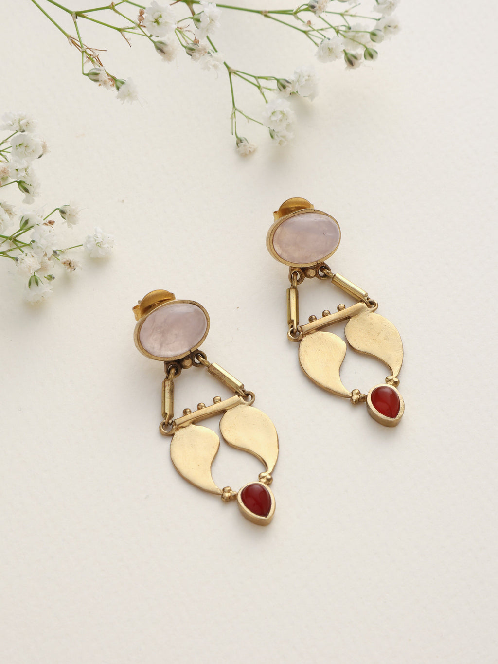 trueBrowns Brass Pink Stone Paisley Earrings