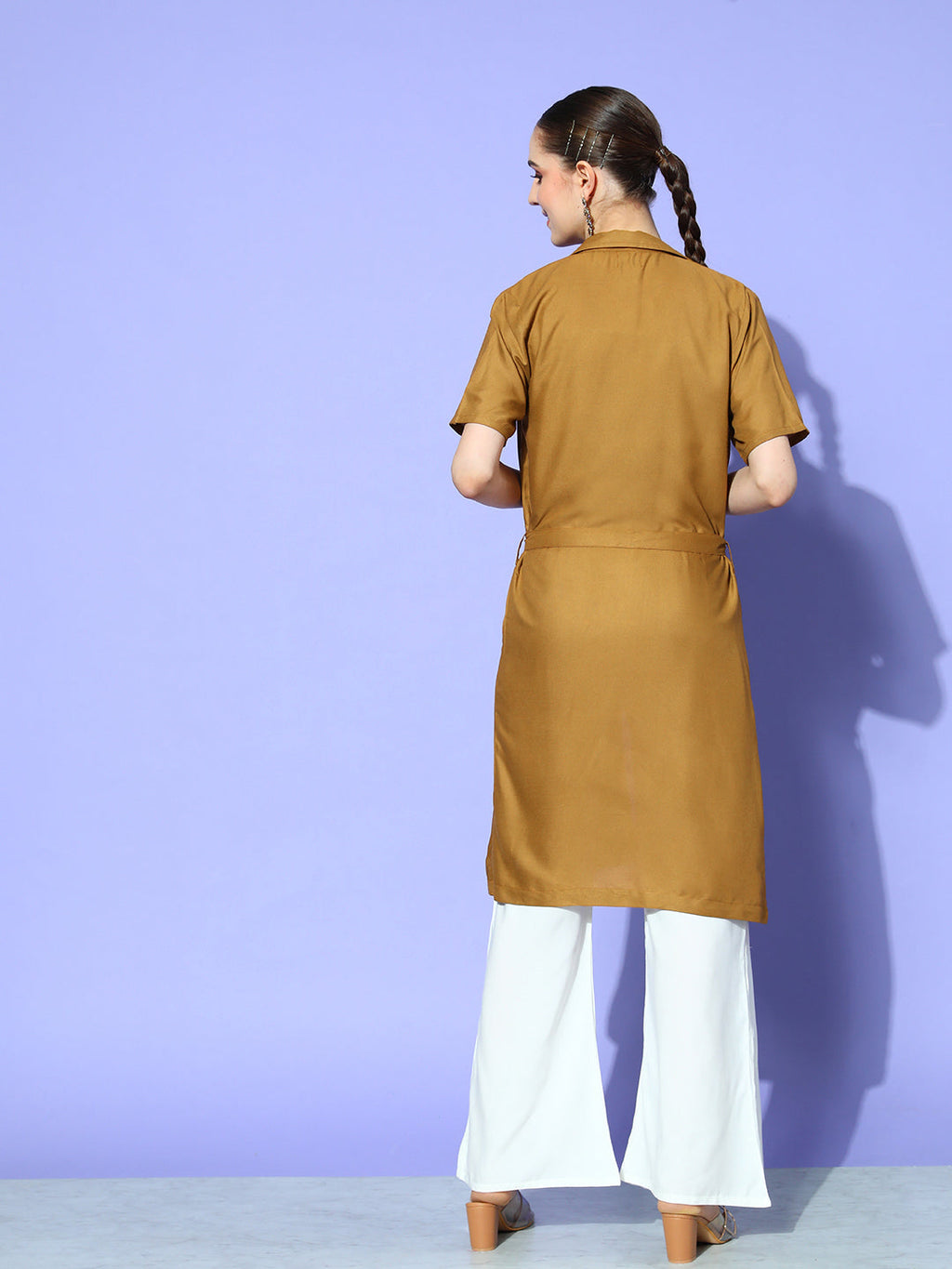 InWeave Women's Camel Brown Cream Pant Coord Set With Lime Green Crop Top