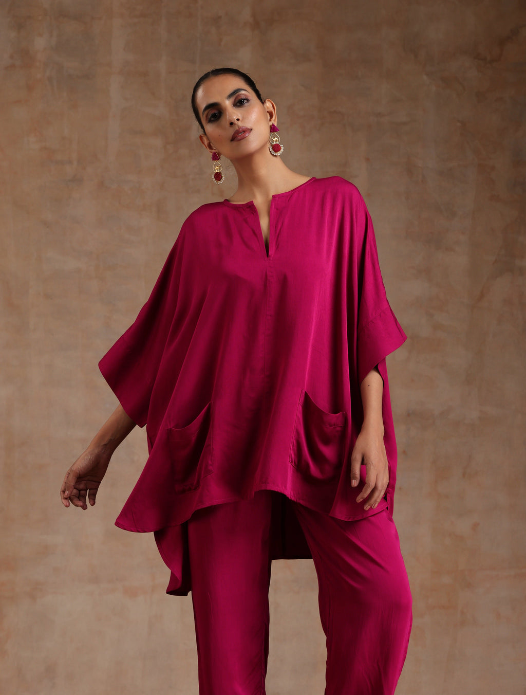 trueBrowns Pink Modal Satin Boxy Fit High-Low Co-Ord Set