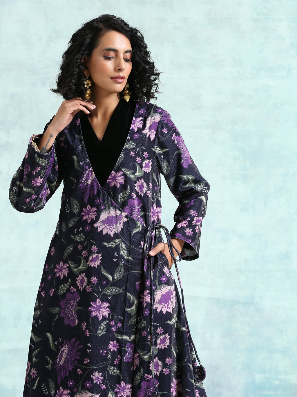 trueBrowns Black Printed Velvet Angrakha Jacket
