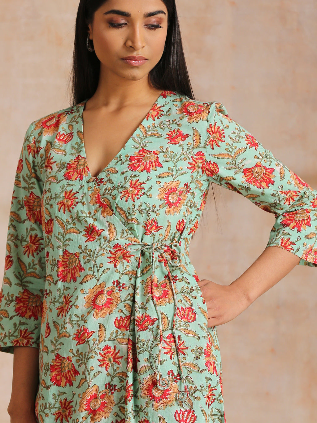 trueBrowns Seafoam Green Overall Floral Block Print Cotton Angrakha Pant Set