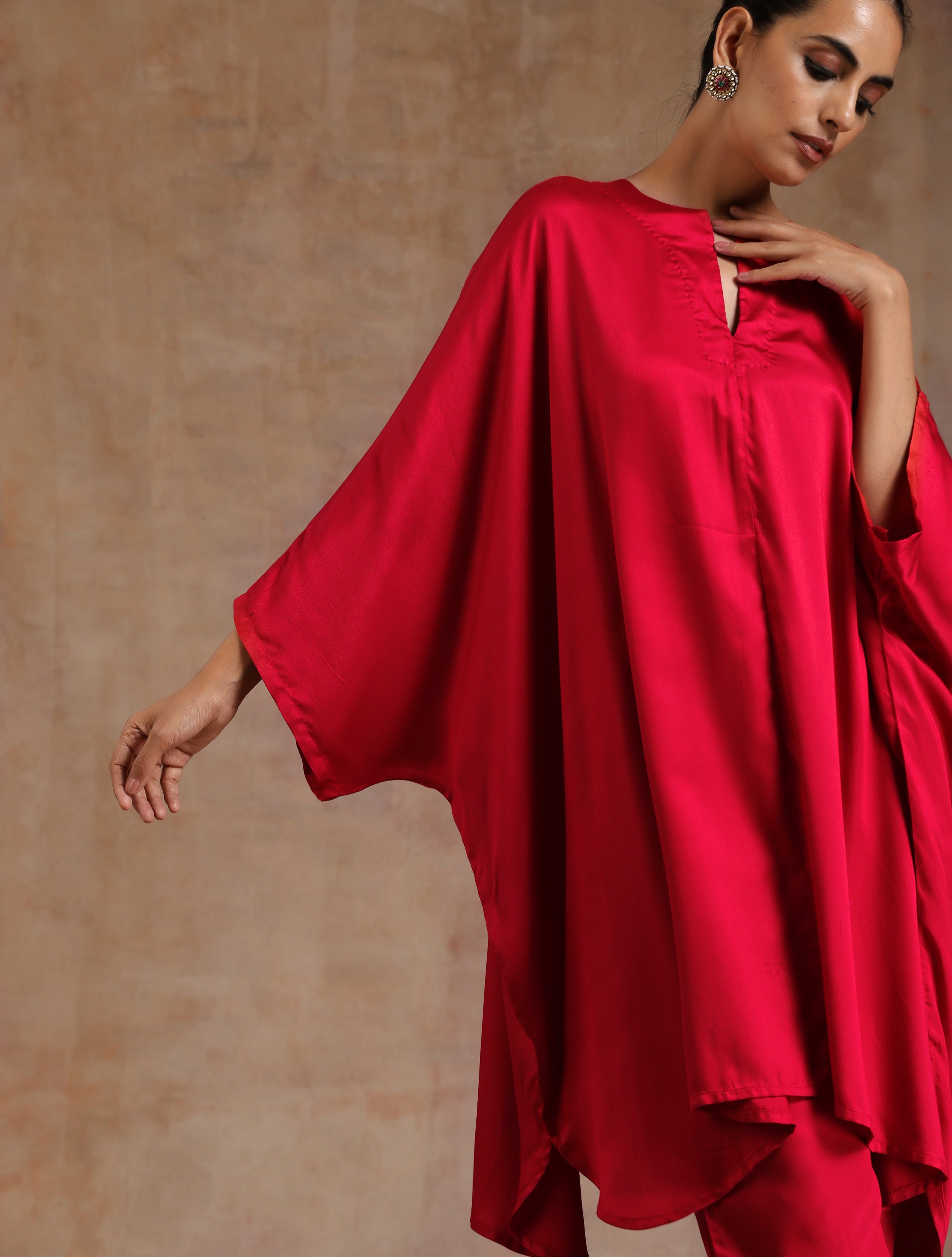 trueBrowns Red Modal Satin Oversized Round Co-Ord Set