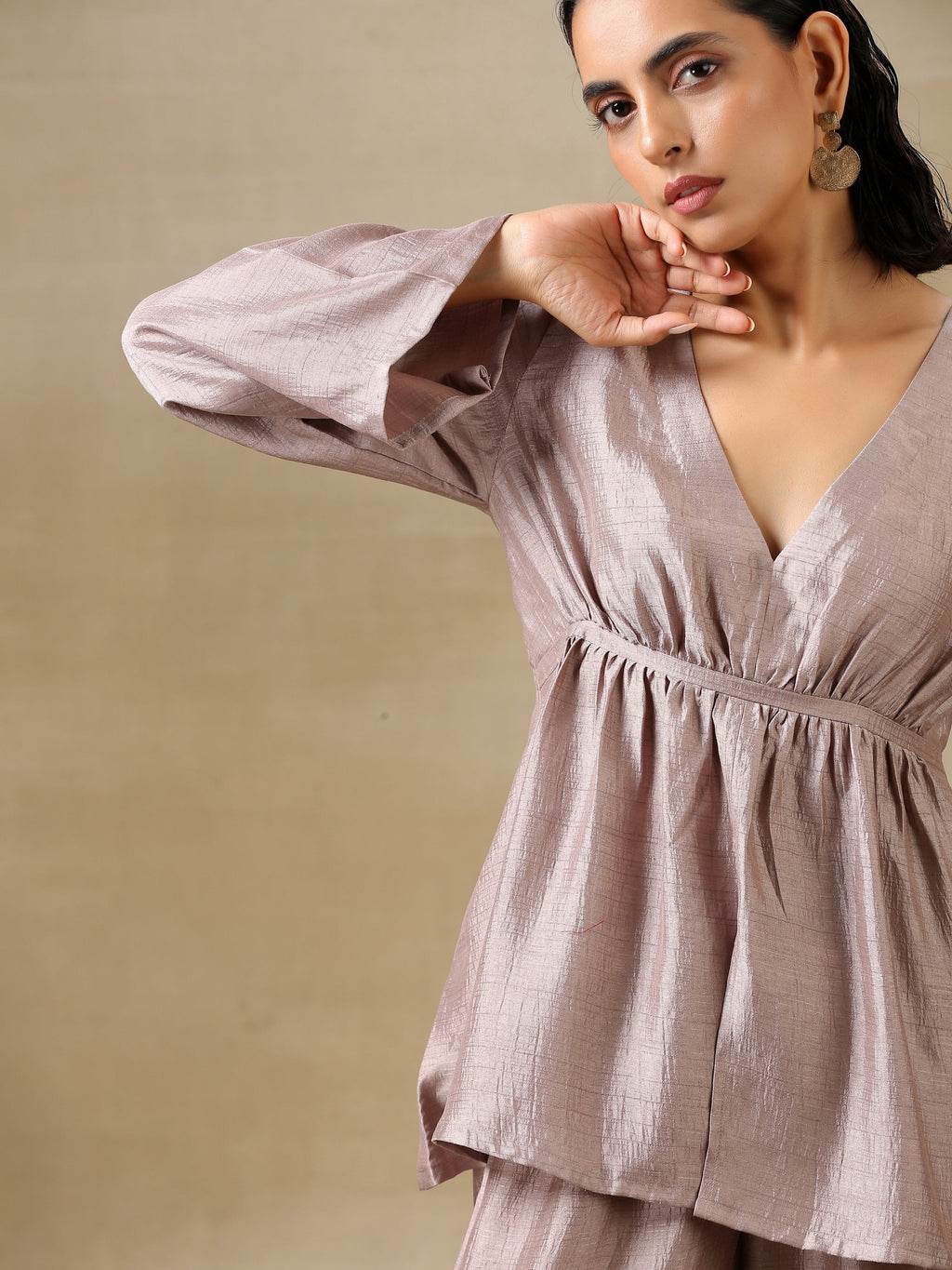 trueBrowns Grey Textured Silk Deep V-Neck Co-Ord Set
