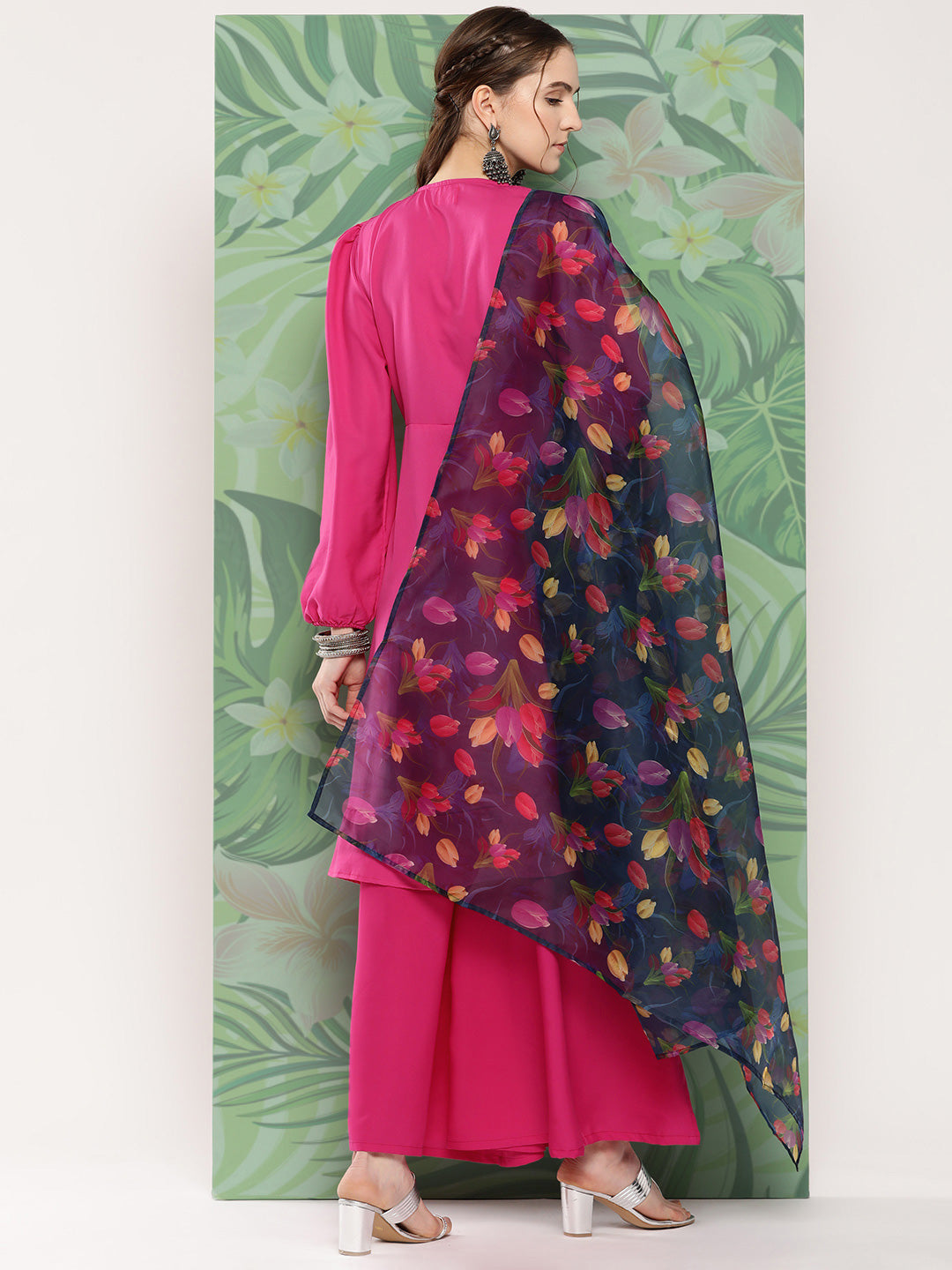 InWeave Women's Magenta Tie Up Kurta Set W Navy Pink Or Dupatta