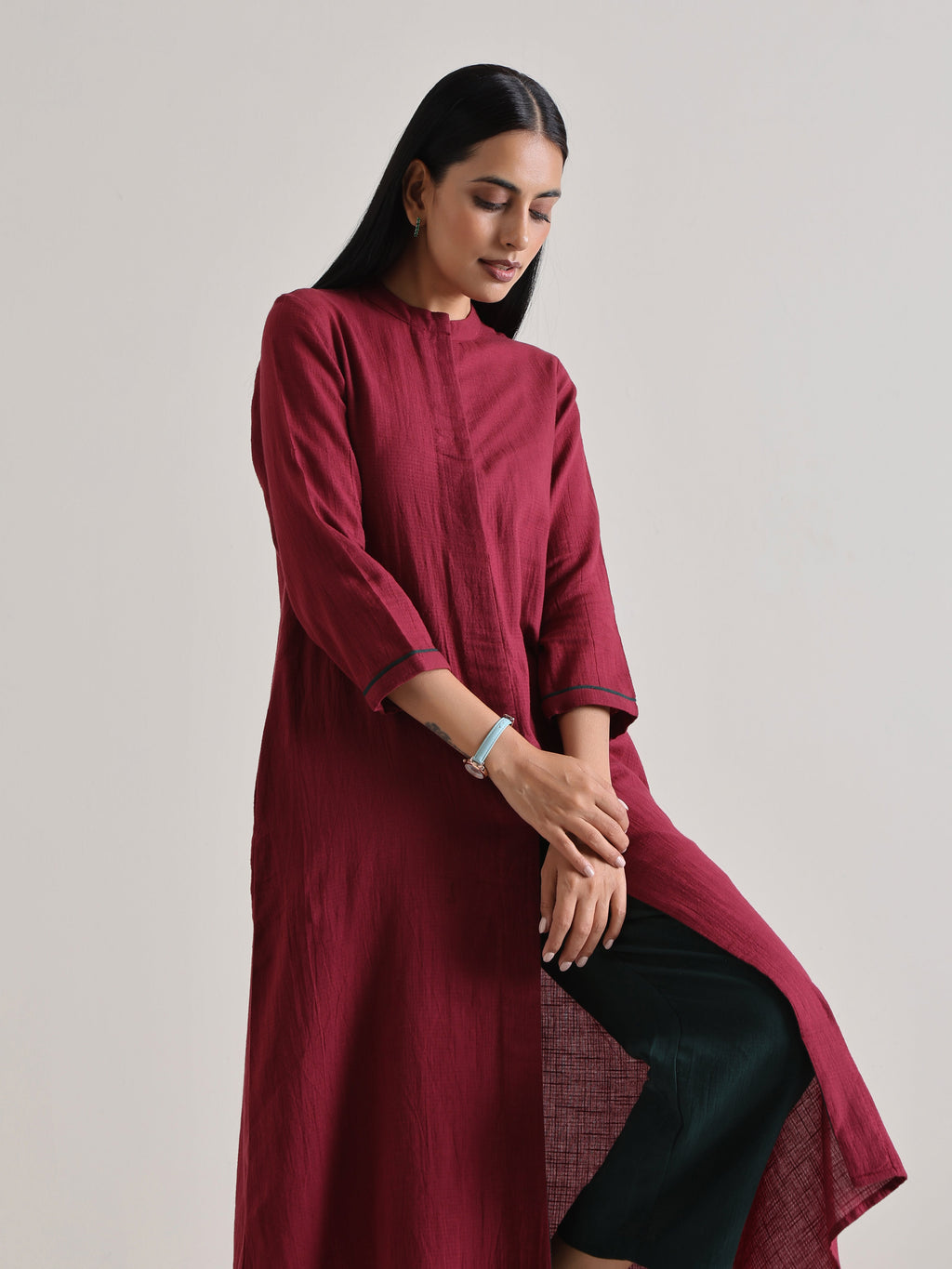 trueBrowns Maroon Placket Kurta Pant Set