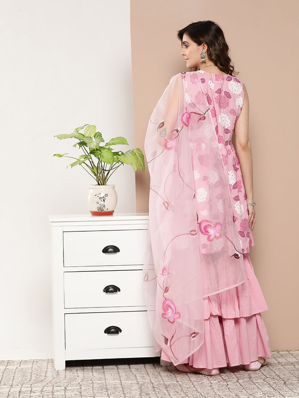 InWeave Women's Pink Printed Chintz Tiered Sharara Set With Dupatta