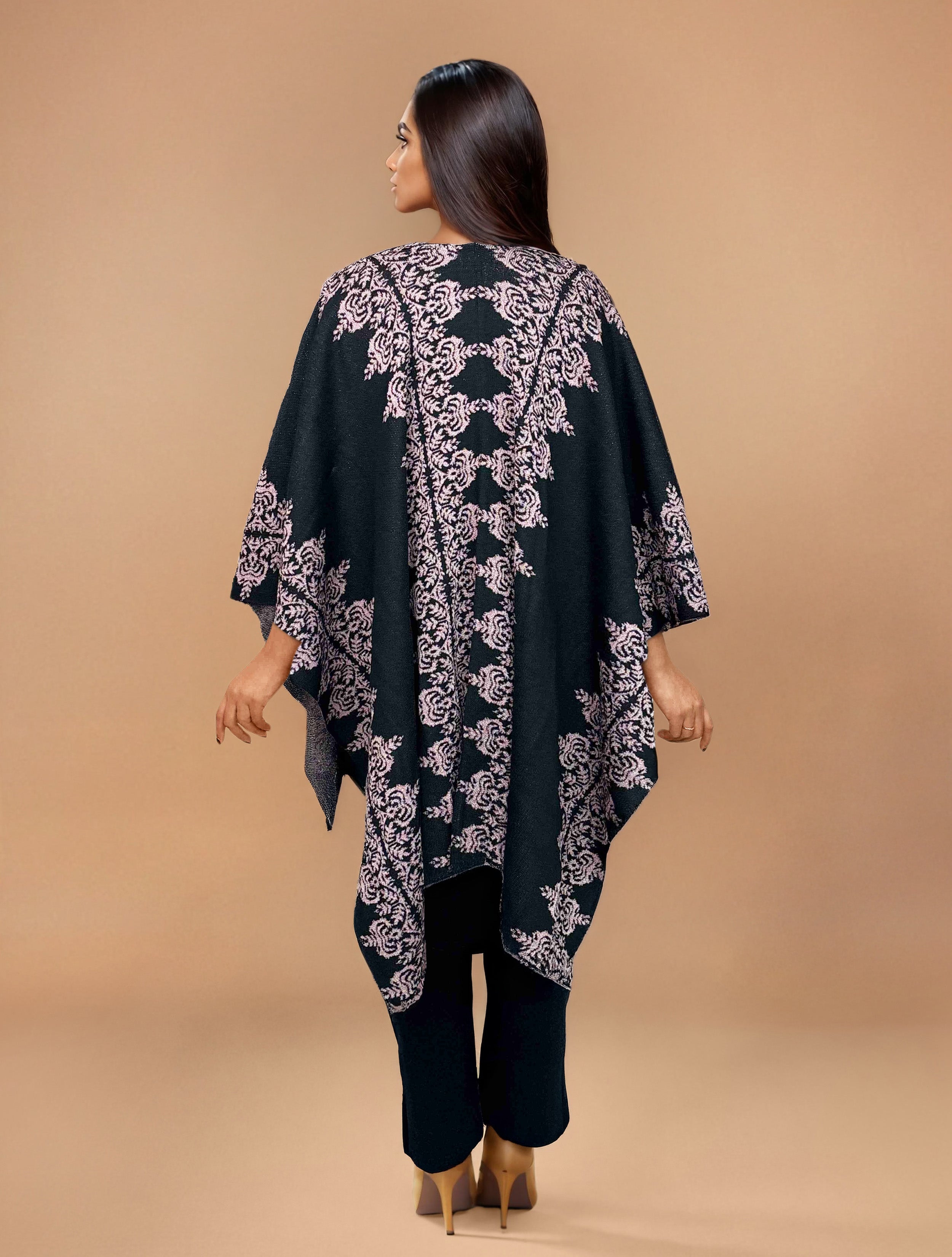 trueBrowns Black Woollen Pink Jacquard Kaftan Cape