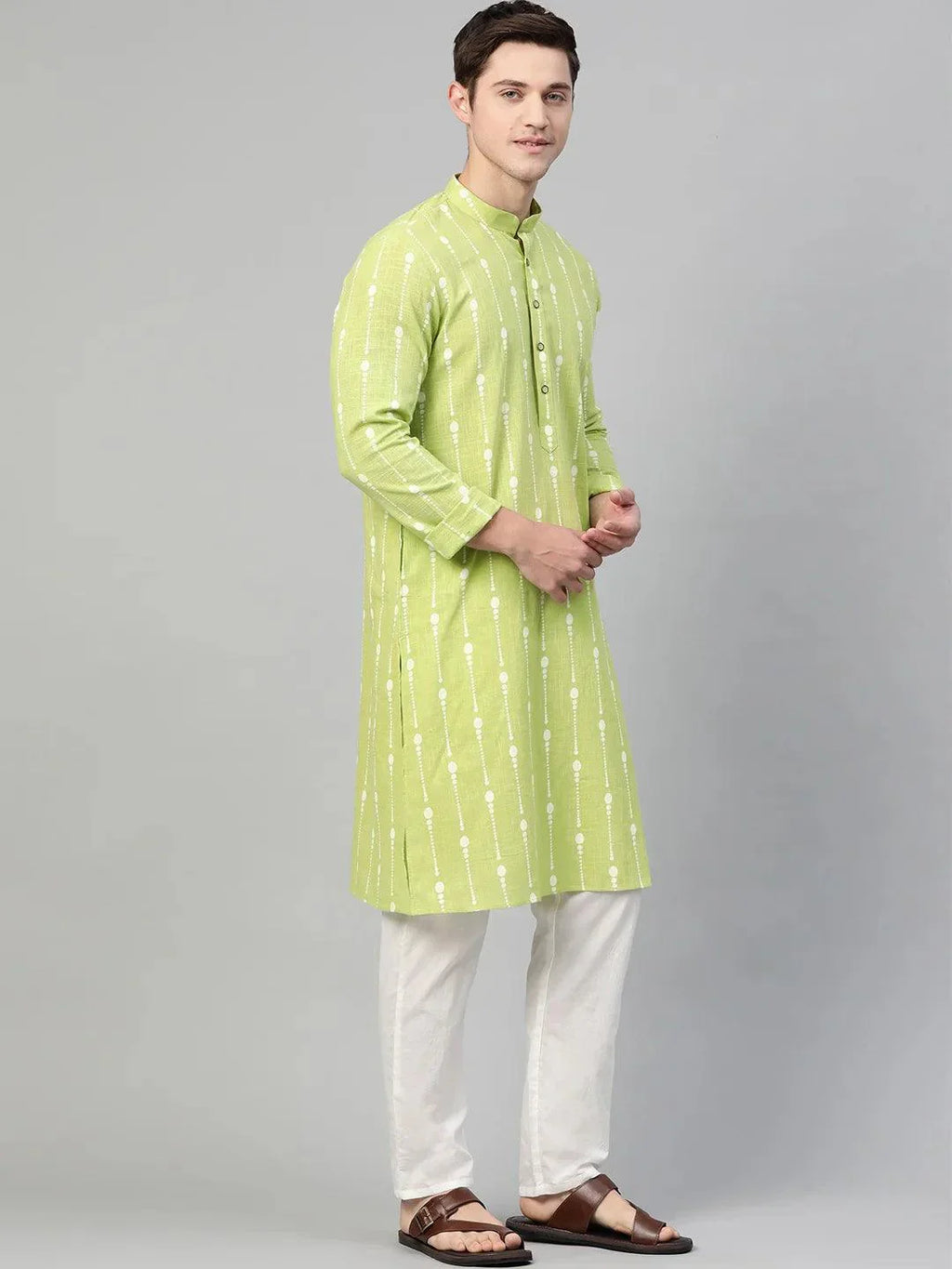 Fabmade Lime Green And White Printed Straight Kurta Pyjama