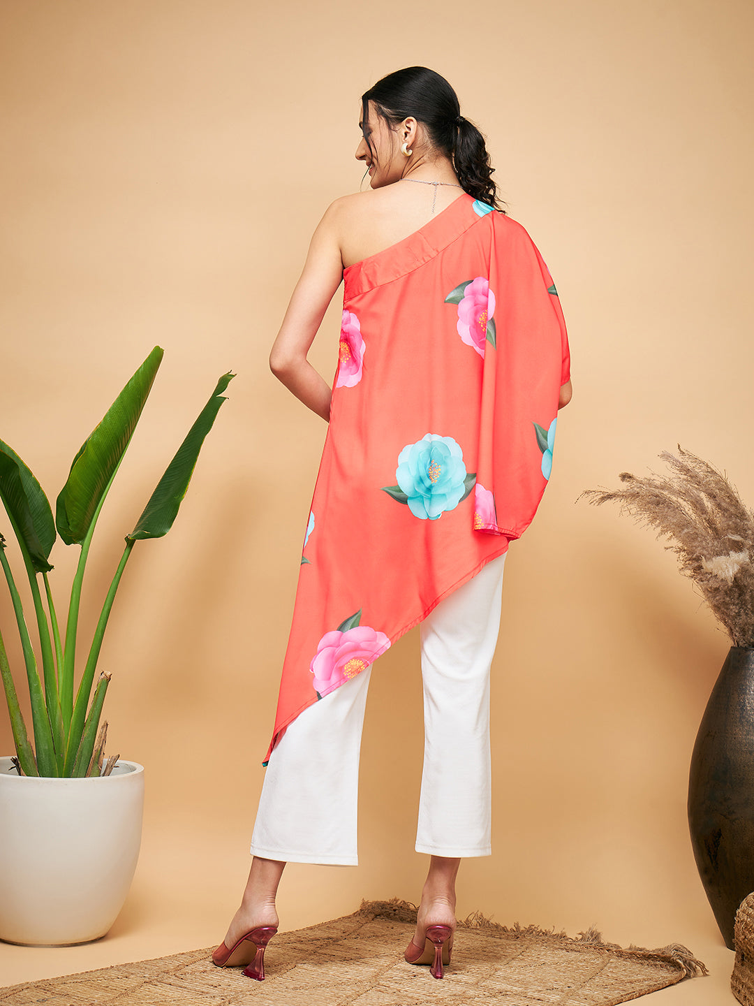 InWeave Women's Dark Orange Pink Blue Flower One Shoulder Kurta