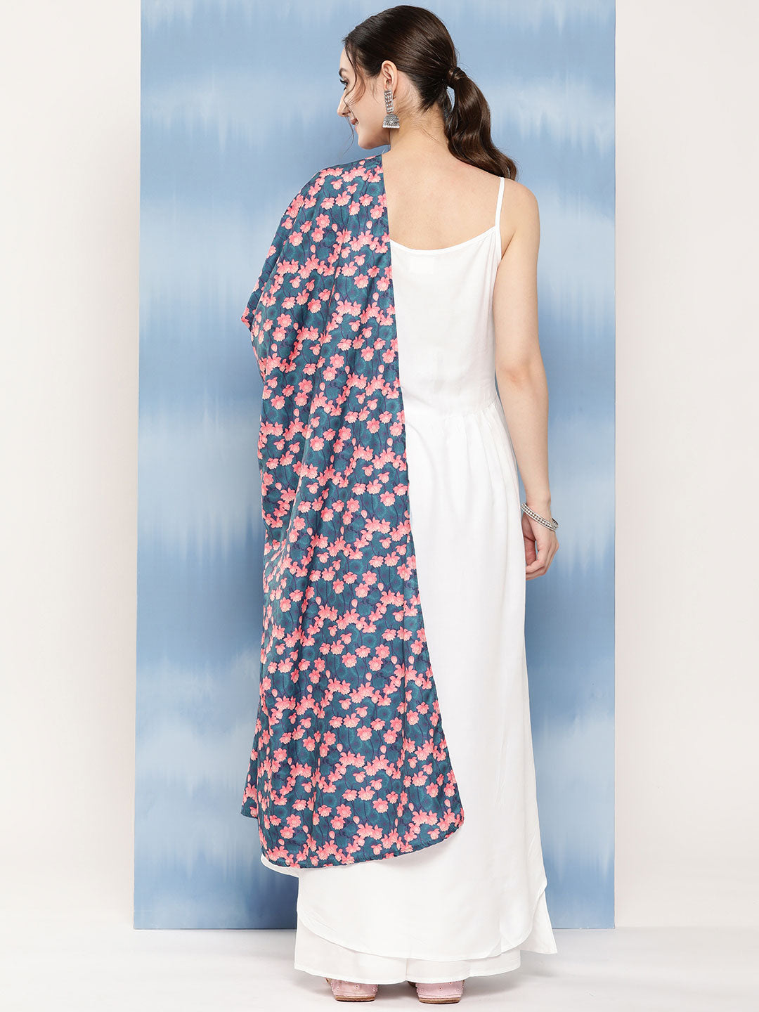 InWeave Women's White Strappy Set With Navy Pink Lotus Cr Dupatta