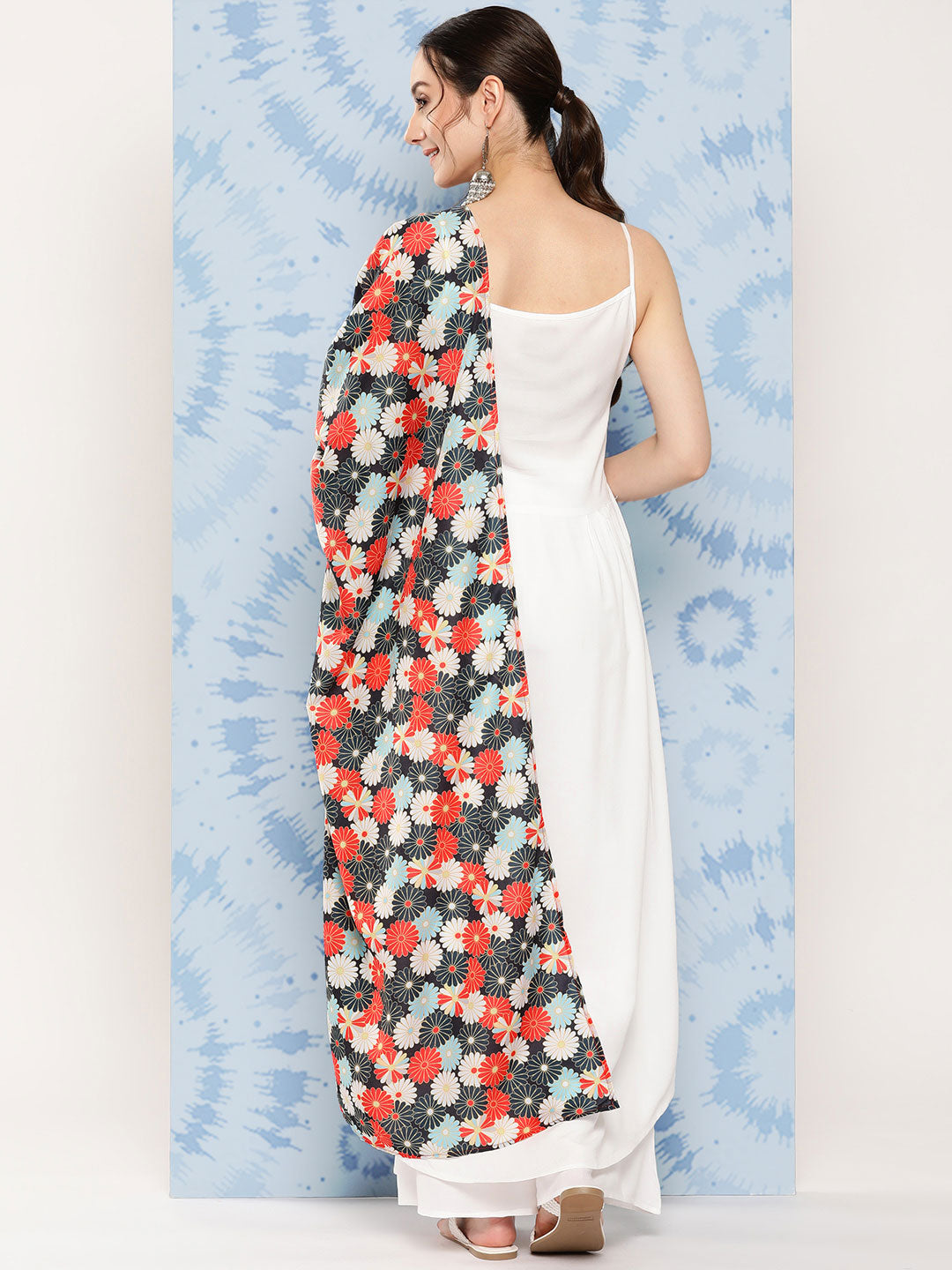 InWeave Women's White Strappy Set With White Red Round Motif Dupatta