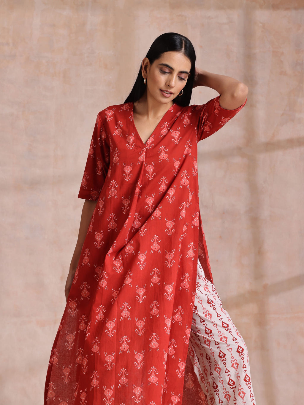 trueBrowns Red On Red Ikat Print Cotton Kurta Pant Set