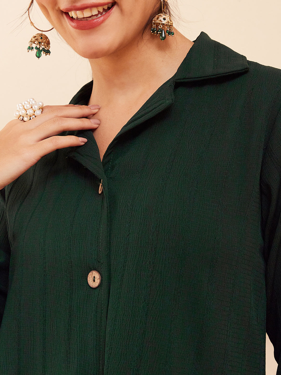 InWeave Women's Forest Green Collared Front Button Blazer Kurta Pant Set