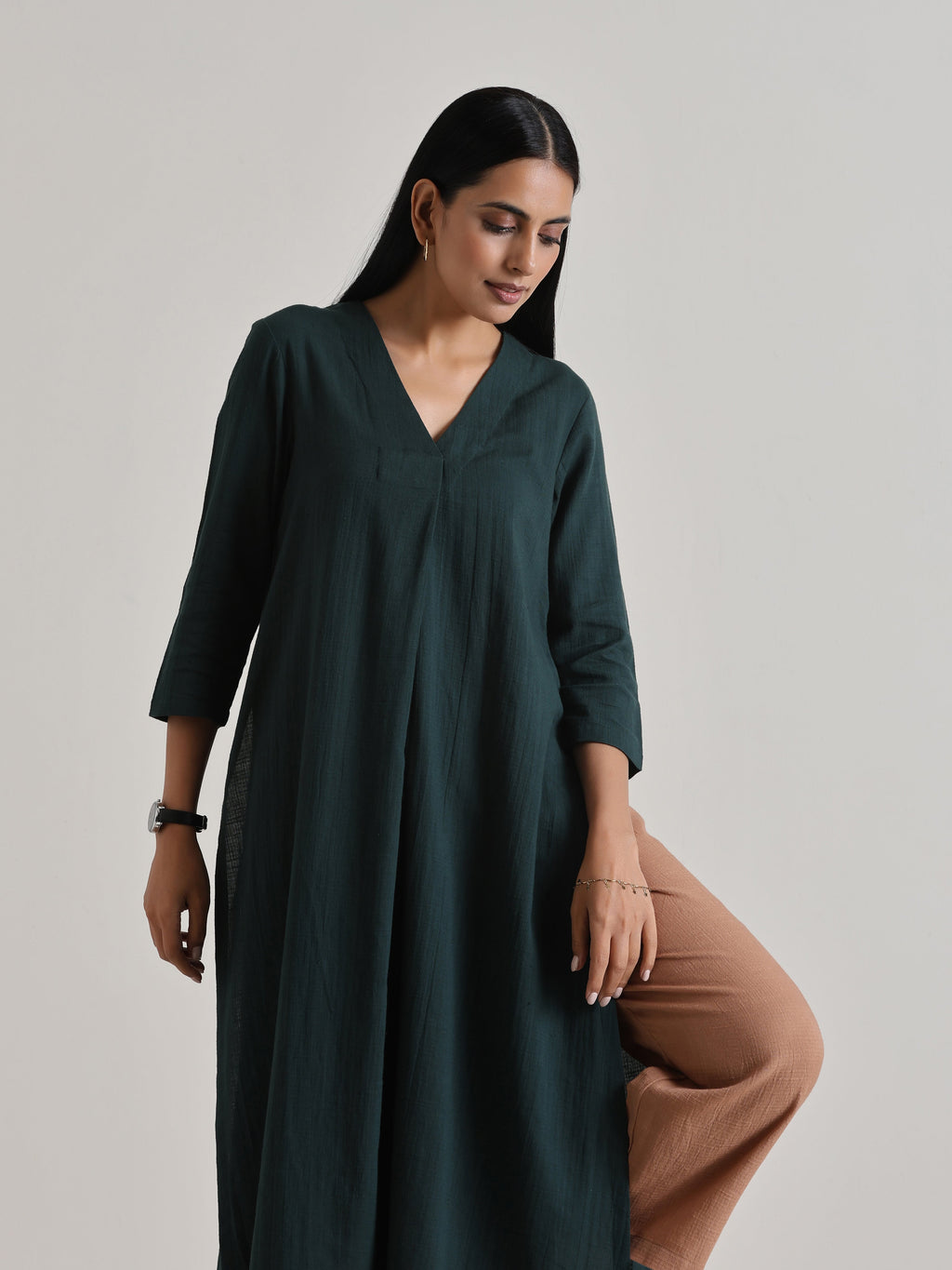 trueBrowns Dark Green Kurta Pant Set