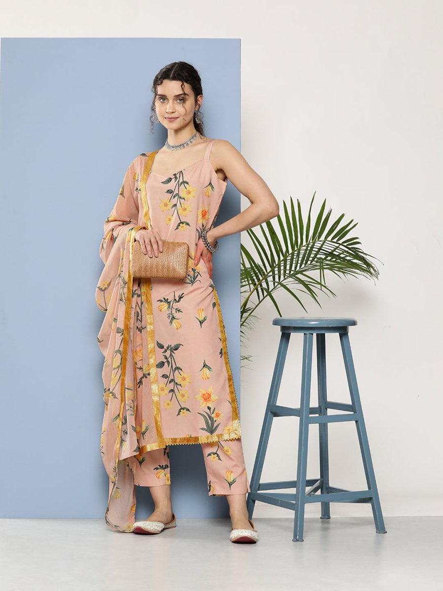 Ahalyaa Women Nude-Coloured Floral Printed Gotta Patti Kurta with Trousers & With Dupatta