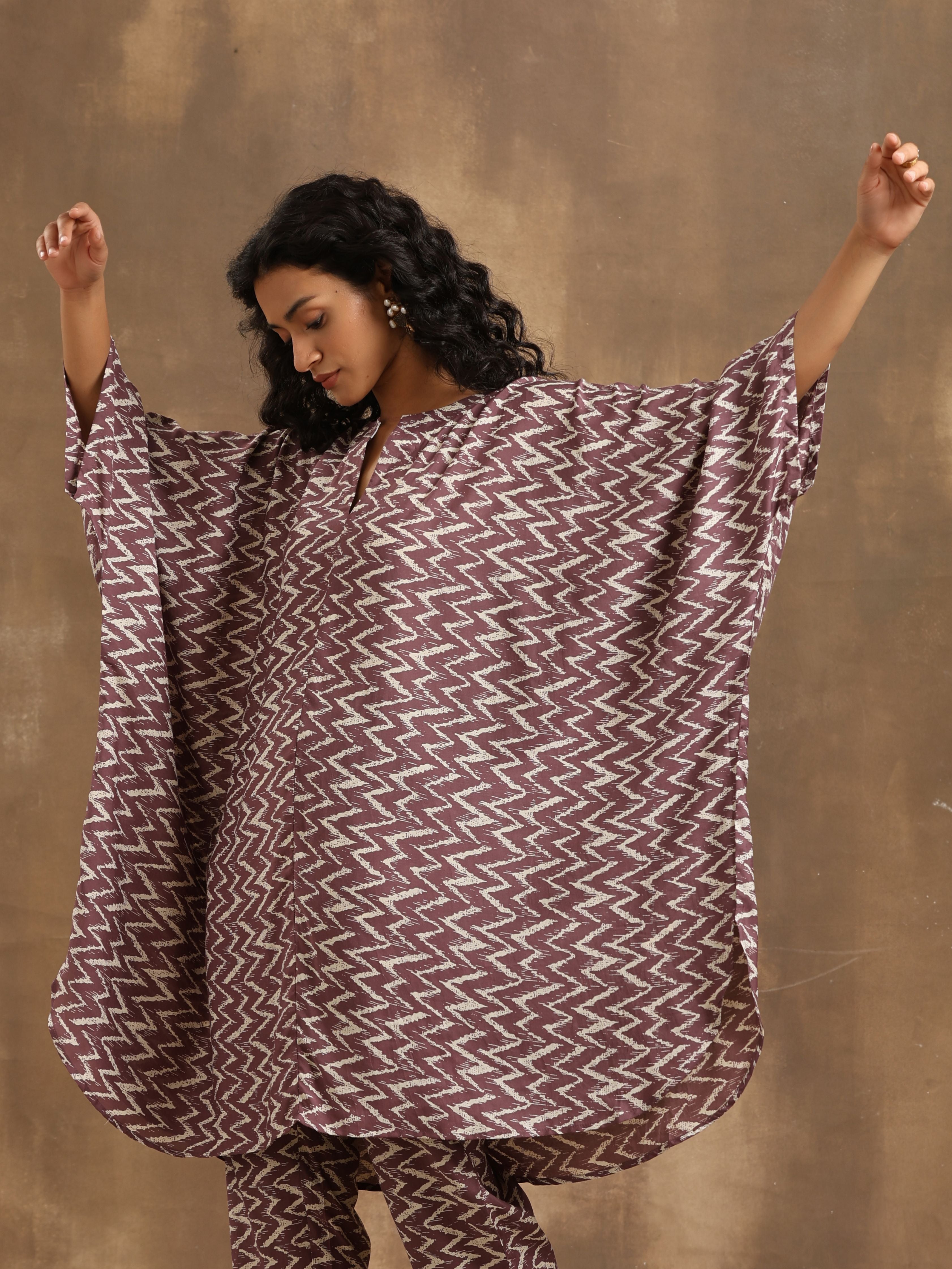 trueBrowns Dark Mauve Zig Zag Printed Silk Kaftan Co-Ord Set