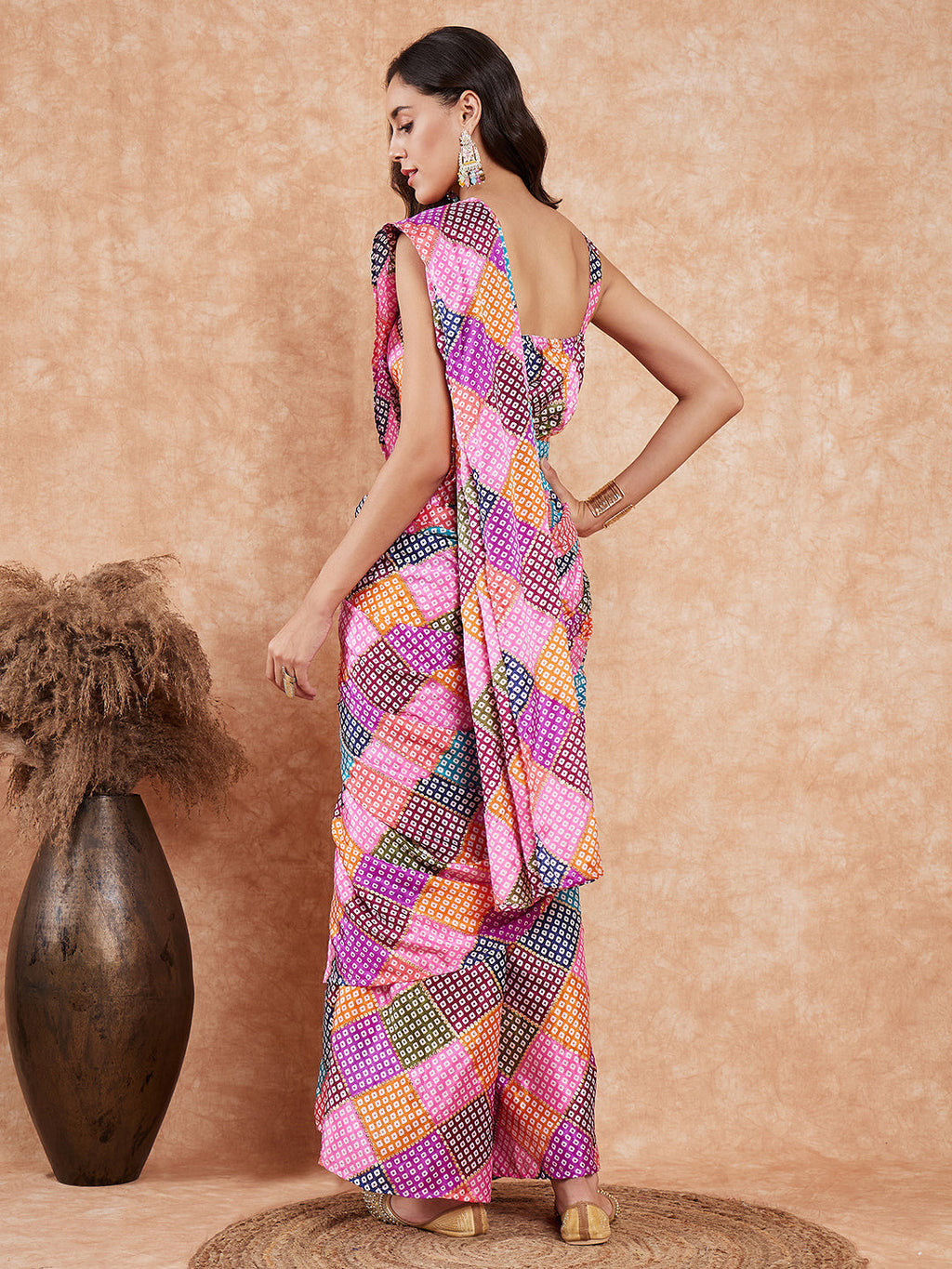 InWeave Women's Pink Square Multi Badhani Palazzo Saree